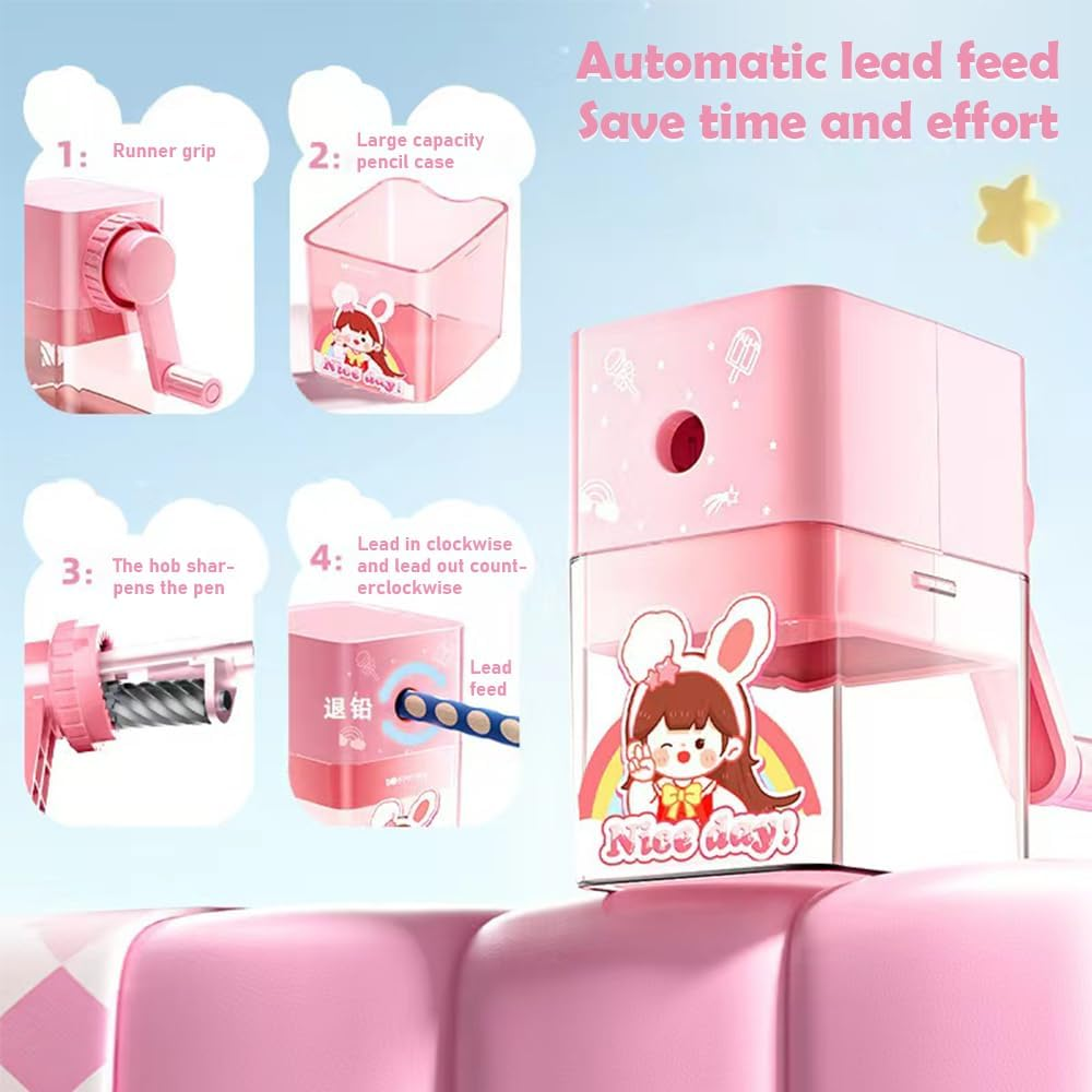 Table Pencil Sharpener,Manual Pencil Sharpener,Can save Time for Adults and Children and Keep the Table Clean (Pink-Girl) image number 5