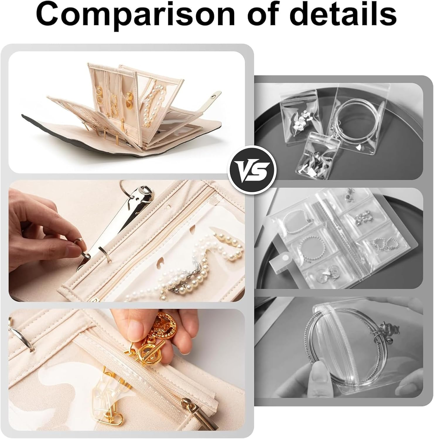 Travel Jewellery Organiser, Jewellry Home Storage Book Ring Binder with Clear Zipper Velvet Pouches for Rings, Necklaces, Earrings (Beige) image number 6