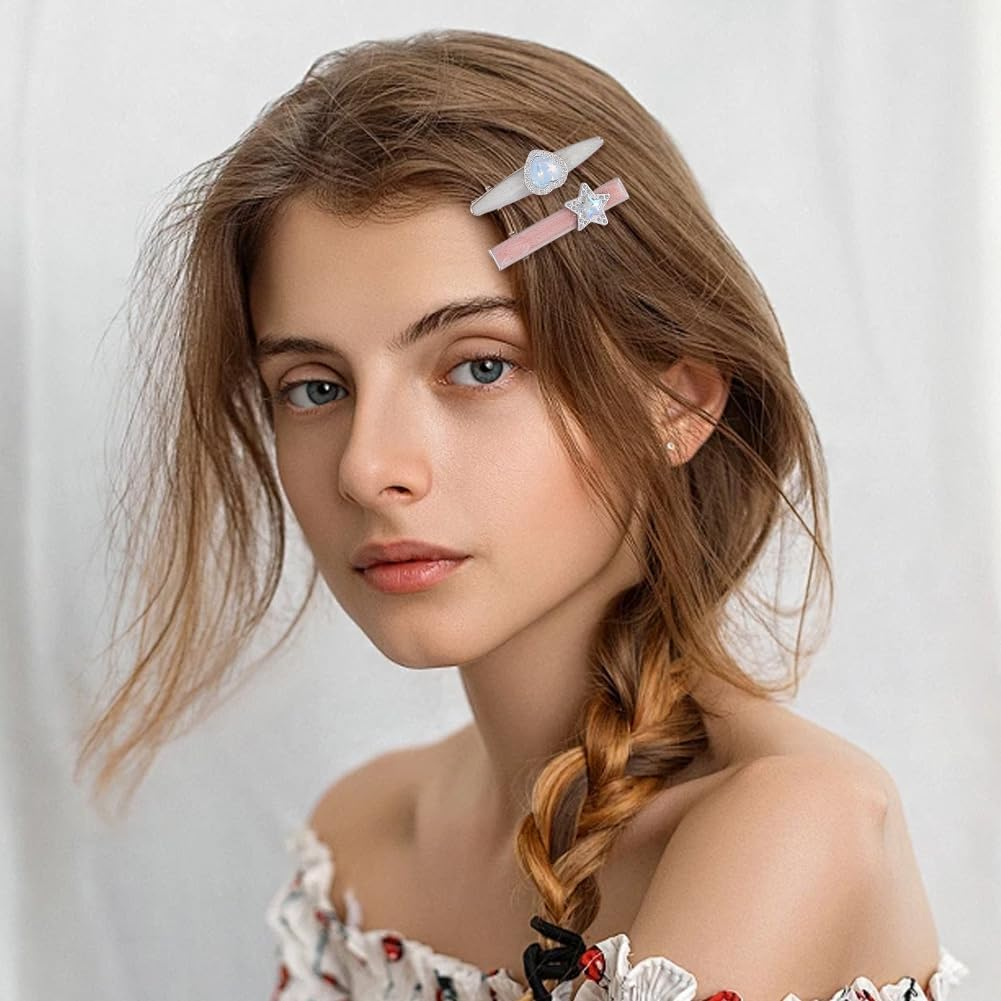 SOFPLATE 1 Box of 21 Silver Hair Clips in Heart and Star Shape Shiny Glitter Hair Clips with Press Stud Double Star Hair Pins Accessories Bow Love Headwear for Women Long and Short