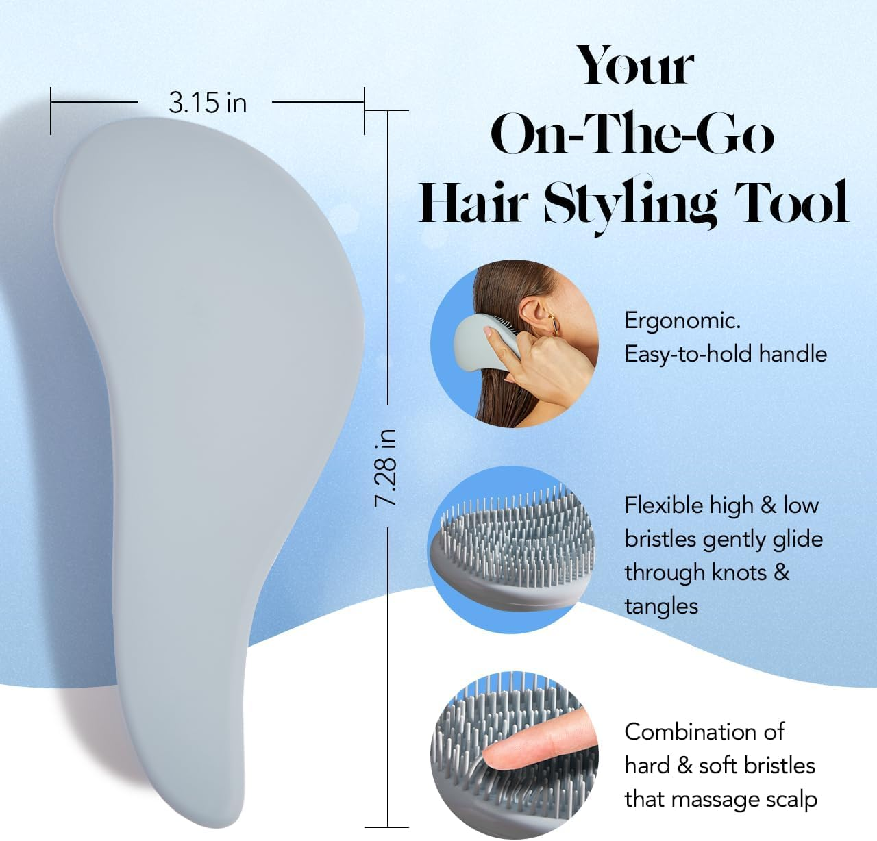 Kitsch Detangler Brush &ndash; Gentle Curly Hair Brush with Flexible Bristles for All Hair Types - Wet or Dry | Detangling Hair Brushes for Women & Men, Adults & Kids - Haze Blue image number 2