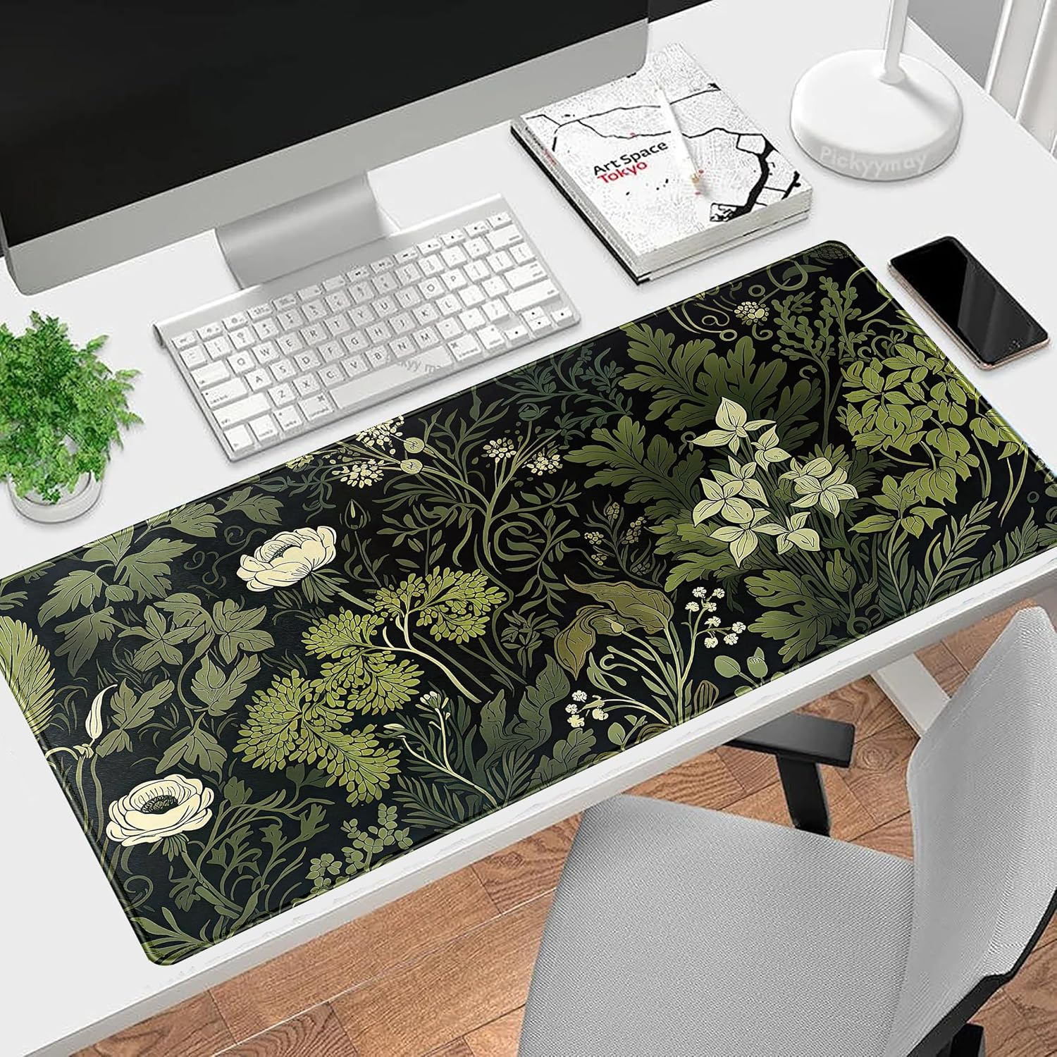 Green Leaves Beige Plants Pad, Large Extend Mouse Pad XXL, Freshness Foliage Keyboard Mat, Black Esthetics Desktop Mat Laptop Wireless Mouse Mat, Gift for Women 31.5"X15.75" - Orange Space Planets image number 4