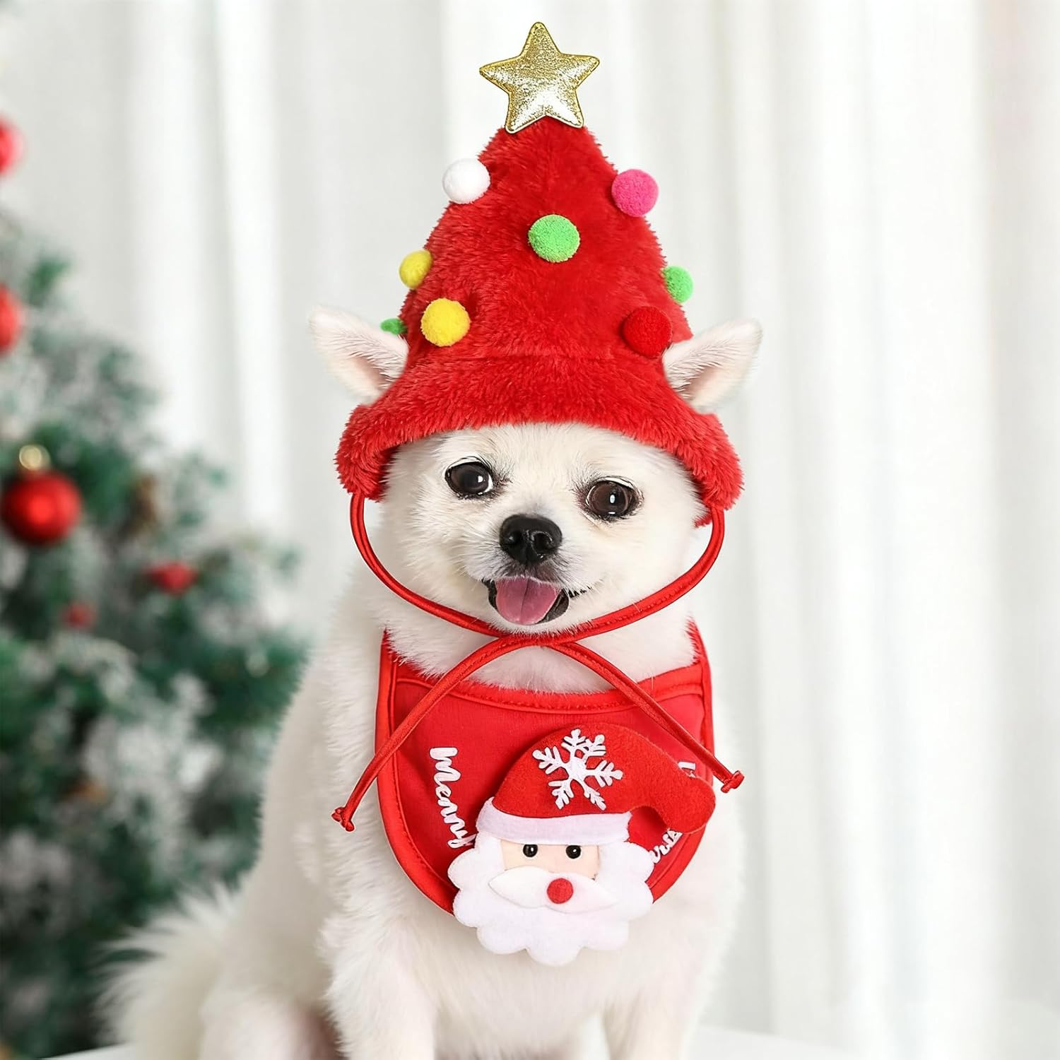 KASESSS Cat Christmas Hat, Christmas Tree Hat for Dogs & Cats, Adorable Cat Christmas Outfit Pom-Pom Hat with Scarf Bib Matching, Pet Xmas Costume, Pet Xmas Tree Costume for Puppy Kitten (Red) image number 1