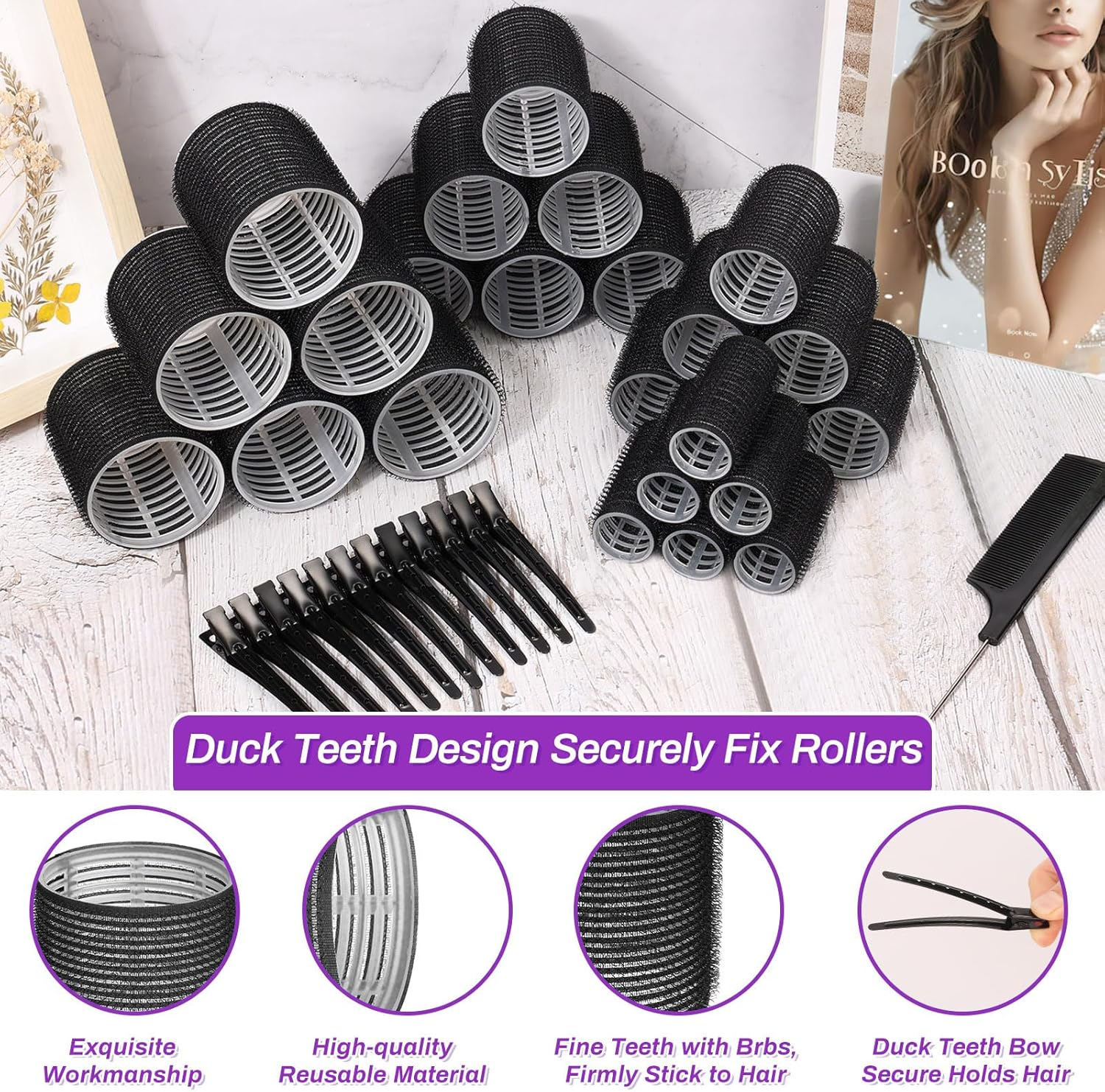 Rollers Hair Curlers 50 Pcs Set with 24Pcs Self Grip Hair Rollers 4 Sizes and 24 Pcs Hair Clips for Blowout Look Long Medium Short Thick Hair Volume image number 4