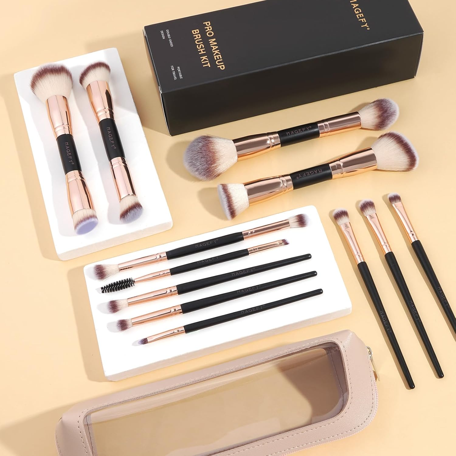 MAGEFY 12Pcs Makeup Brushes with Bag, Double-End Multi-Functional for Foundation Powder Blush Eyeliner Eyeshadows Makeup Brush Set with Gift Box (Black Gold) image number 1