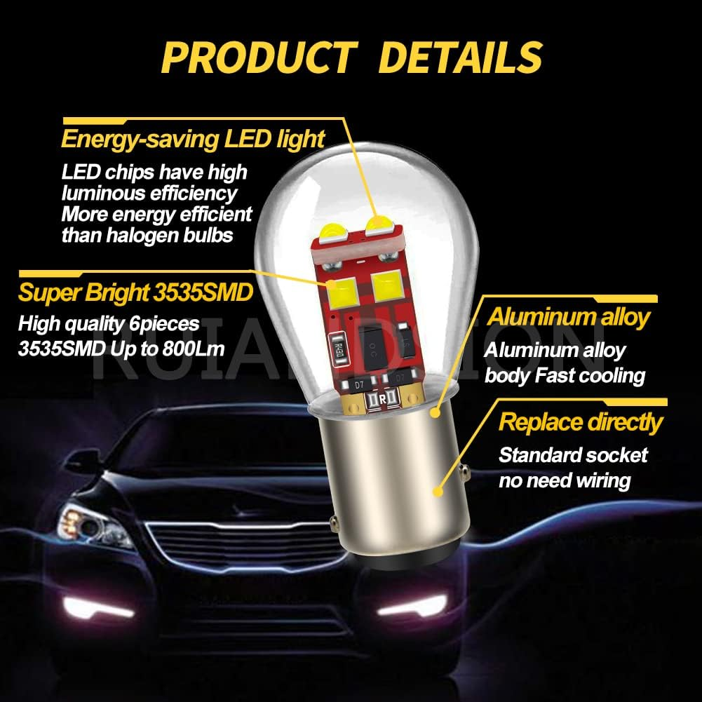 Ruiandsion 2Pcs 1157 LED Bulb,Upgrade 12V White BAY15D 2057 2357 7528 Bulb Replacement for Backup Reverse Brake Tail Lights,Non-Polarity image number 1