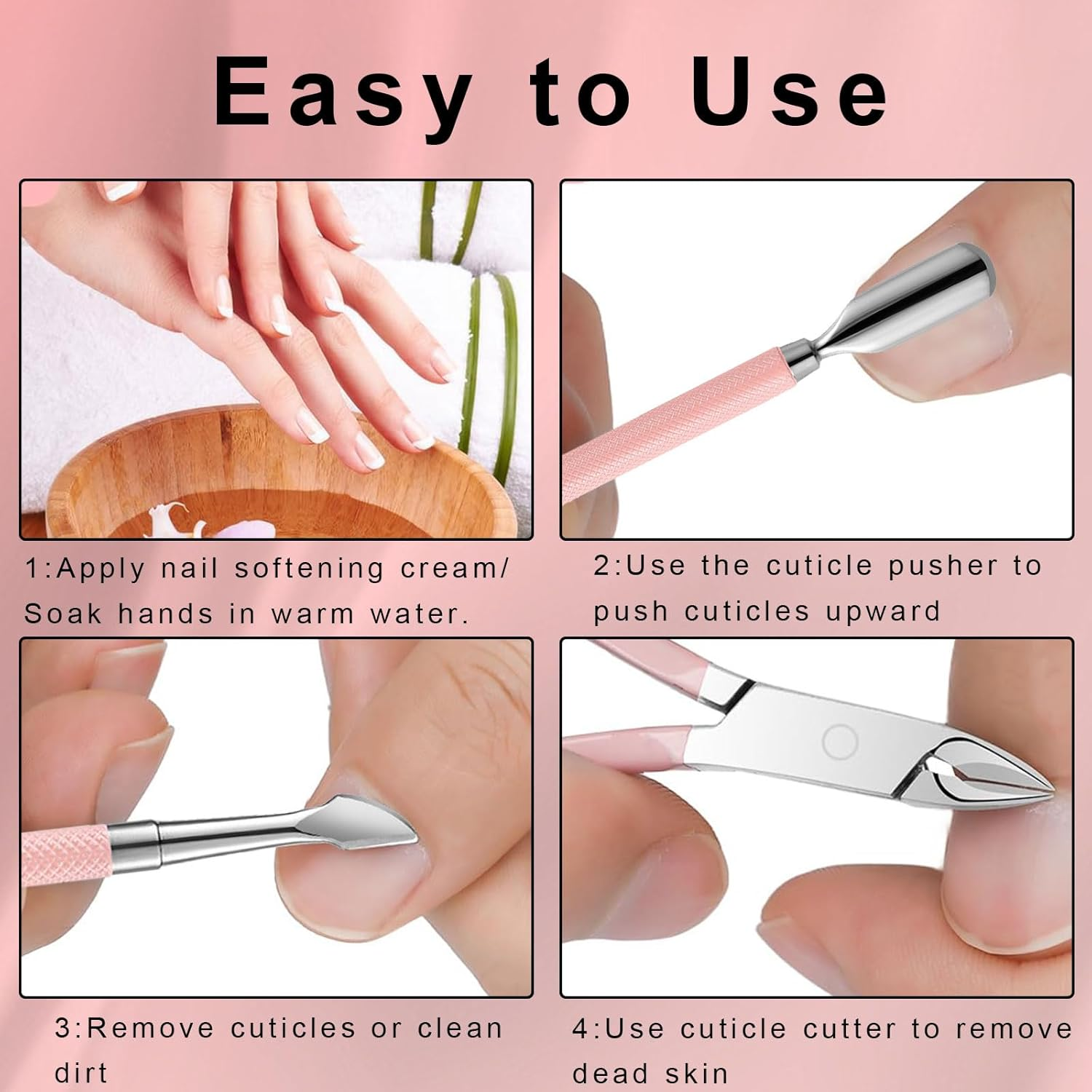 Cuticle Trimmer with Cuticle Pusher and Cutter - 3 PCS Pink Professional Pedicure Manicure Tools with Stainless Steel Dual End Pusher, Nail Scraper for Fingernails Toenails image number 5