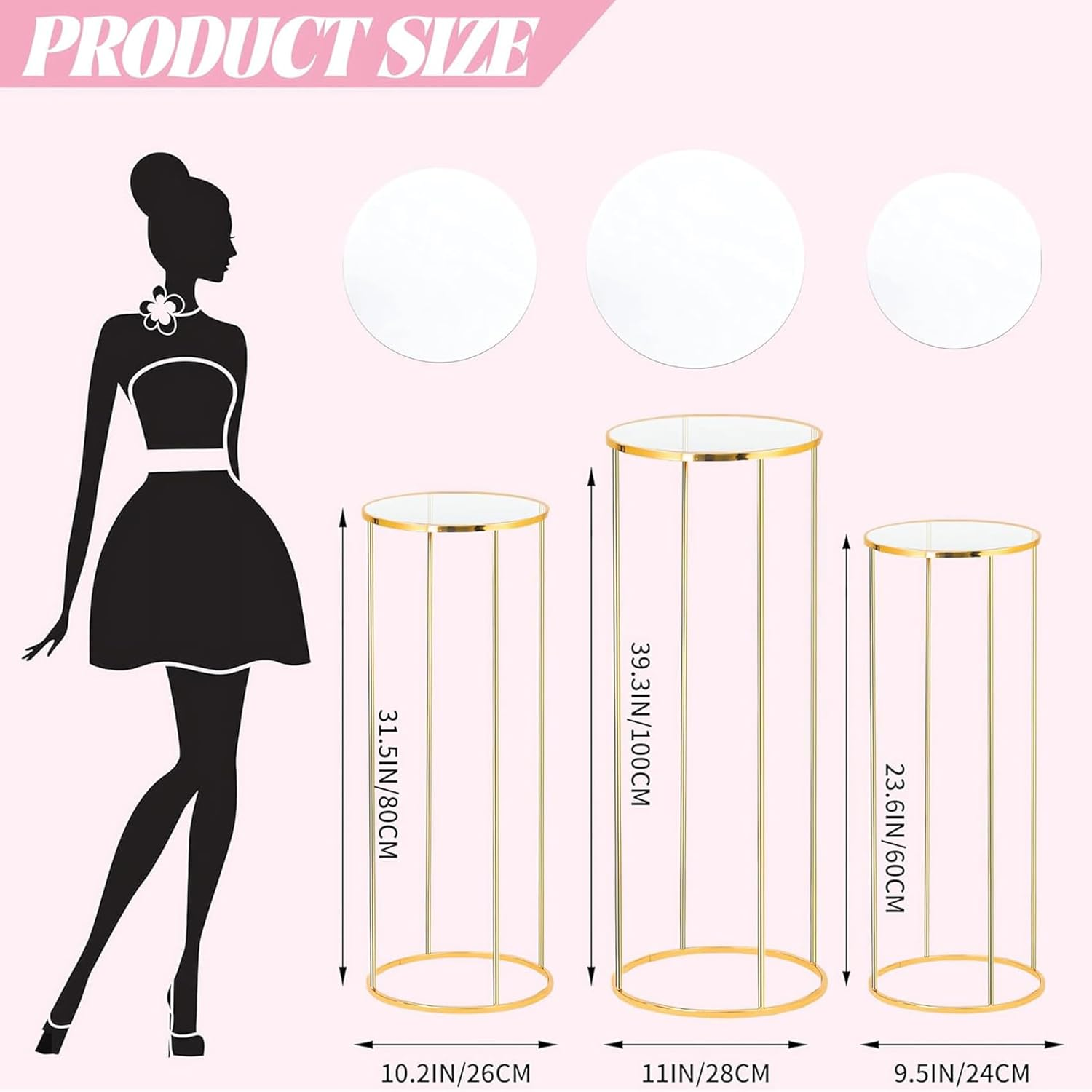 Cylinder Pedestal Stands for Parties, Metal Cake Table round Stand, Display Cylinder Tables for Birthday Party Wedding Living Room Patio, 3PCS Gold image number 4