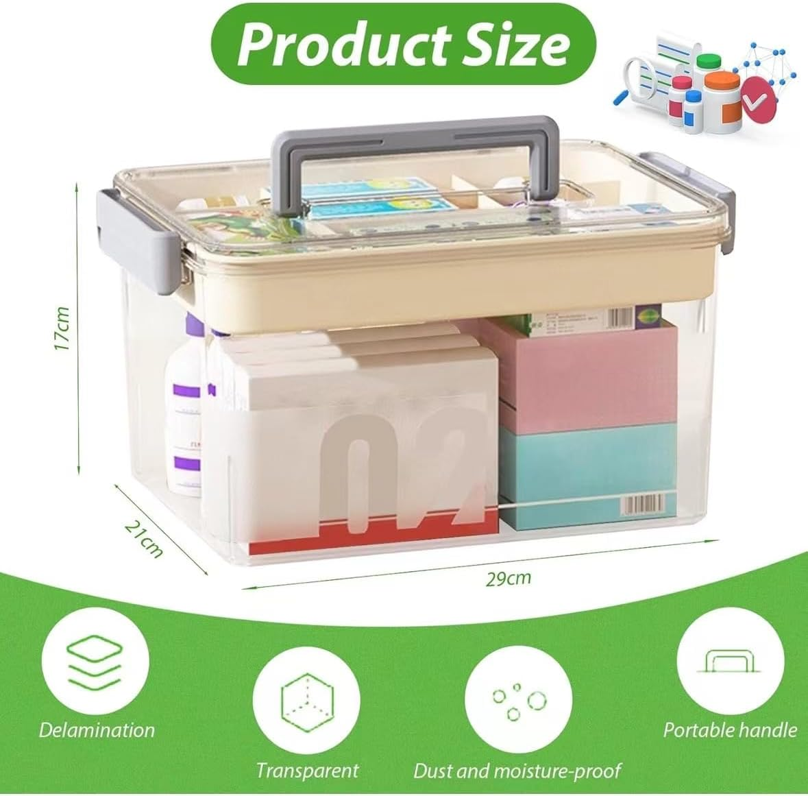 CARRORABI Medicine Storage Box with Handles & Multi-Layer, Large Capacity Plastic Pills Box, Household Portable Medical Storage Box for Sundries, Household Storage Organizer for Bedroom 1Pc image number 3