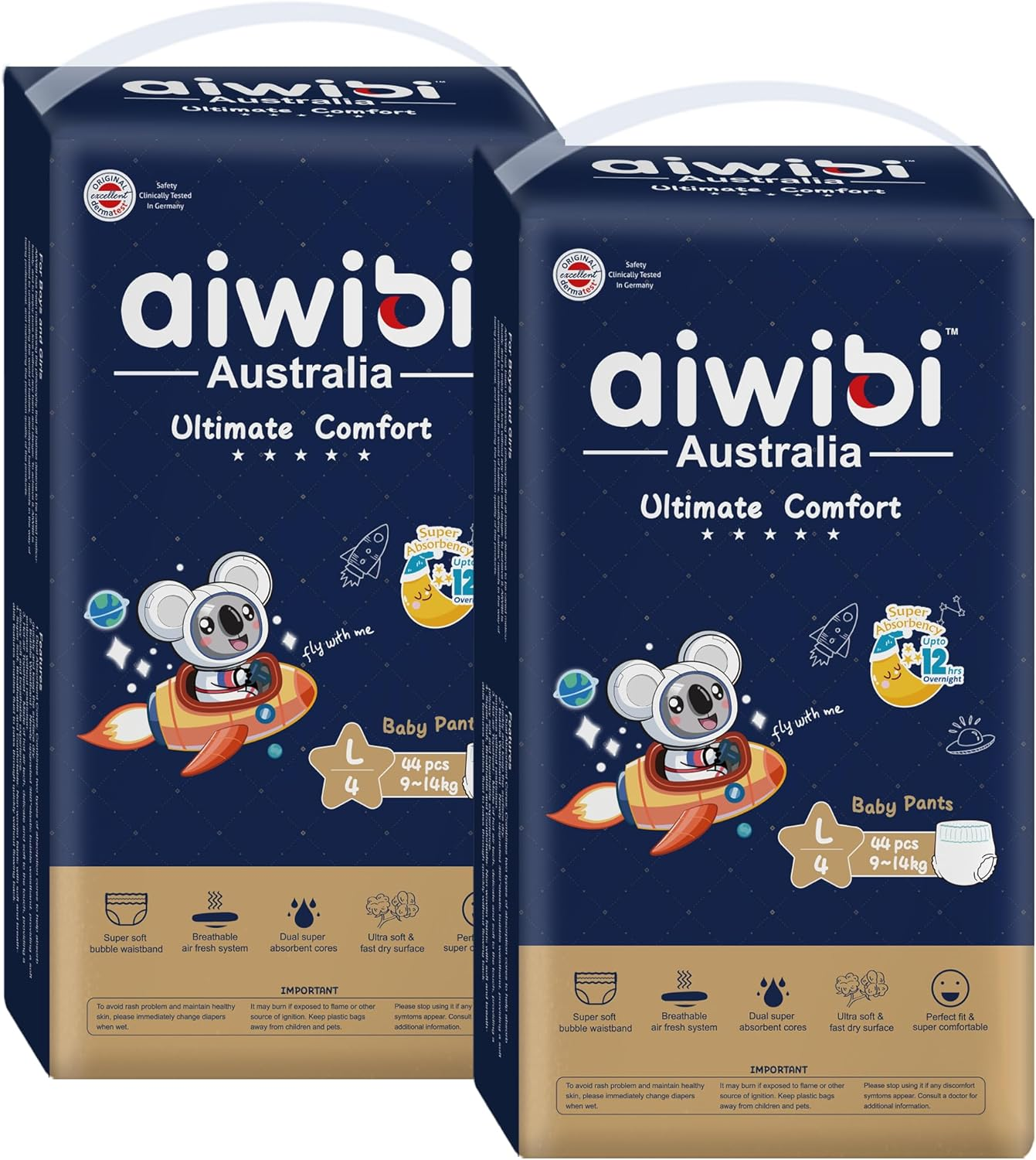 AIWIBI Ultimate Comfort Overnight Nappy Pants, Size 4, 360 Pull-On Disposable Baby Nappy Pants,Super Absorbent 44 Count (9-14 Kg), Nighttime Underwear image number 1