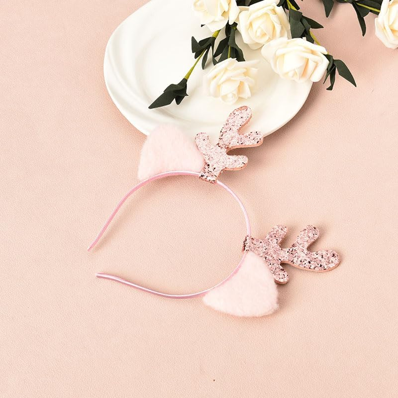 Christmas Elk Headbands for Women Girls Reindeer Antler Ears Headband Headwear Xmas Costumes Pink Hair Accessories for Christmas Headpiece for Kids Cosplay Party Gift - Pink image number 6