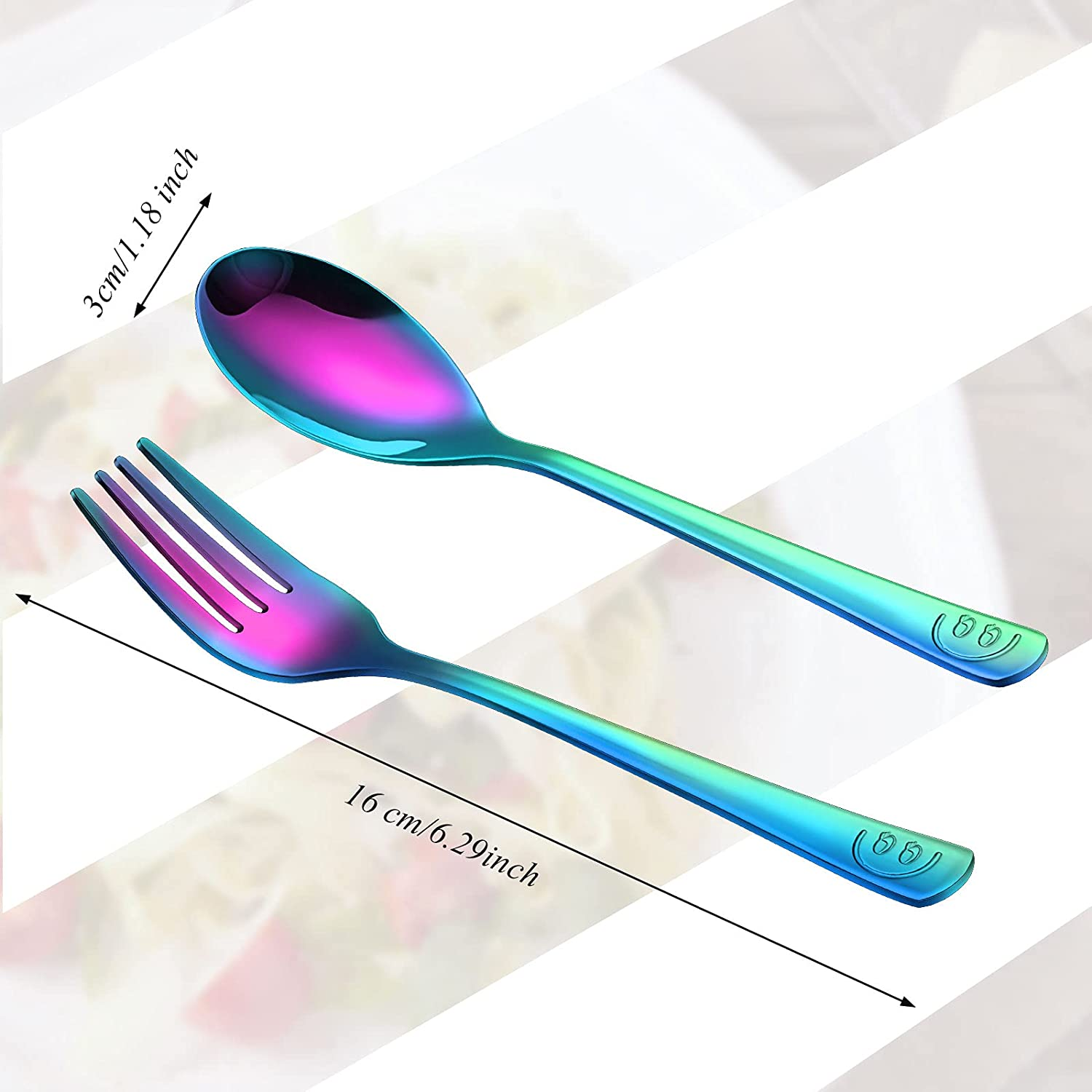 8 Pieces Spoon and Fork Set, Rainbow Kids Utensils Set, Kids Flatware Set, Includes 4 Spoon and 4 Fork with Smile Mirror Polished for Daily Use