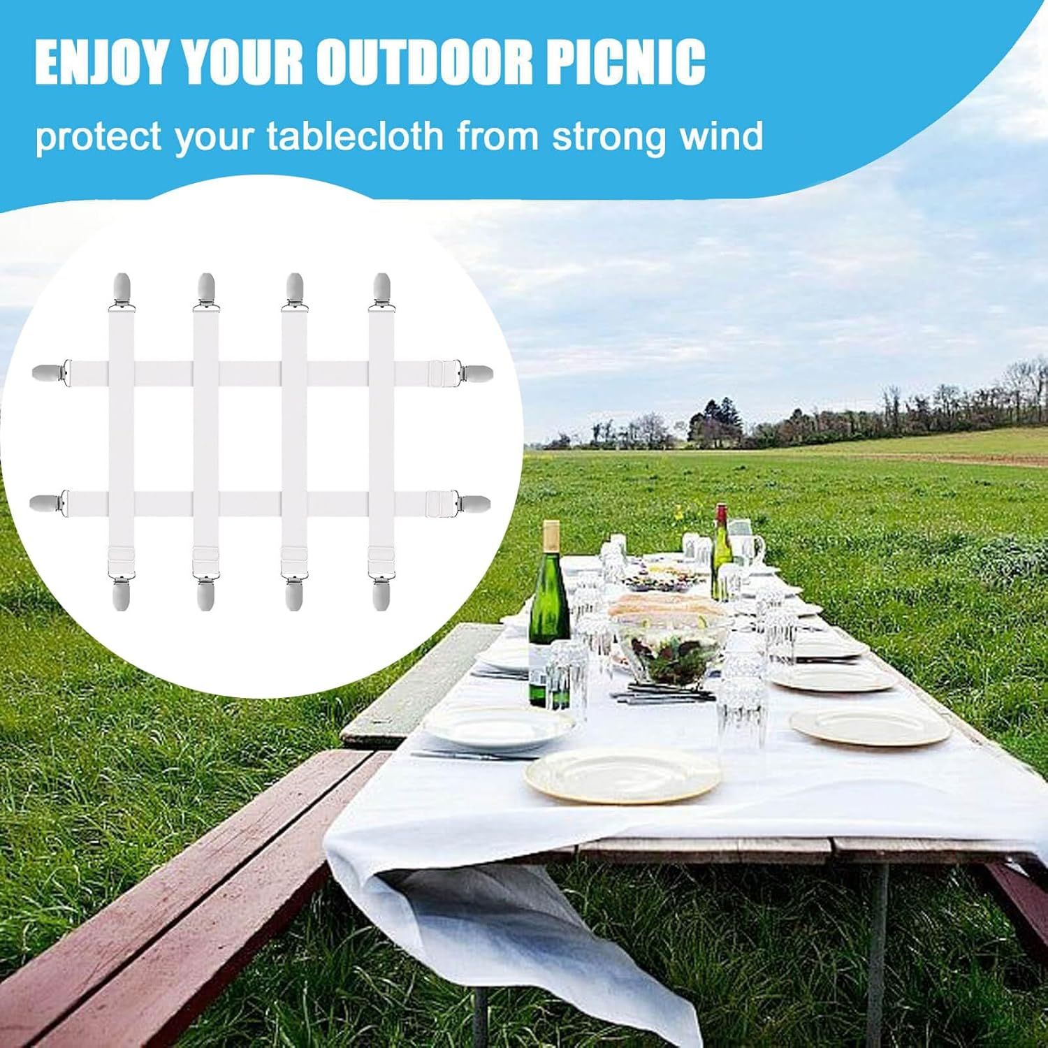 Table Cloth Holder Clips Hidden Strap 6 Pack, Adjustable Elasticity Picnic Tablecloth Clip Indoor Outdoor Large Clamp for Thick Tables Bench Cover Party Restaurant Camping RV Essential Accessories image number 5