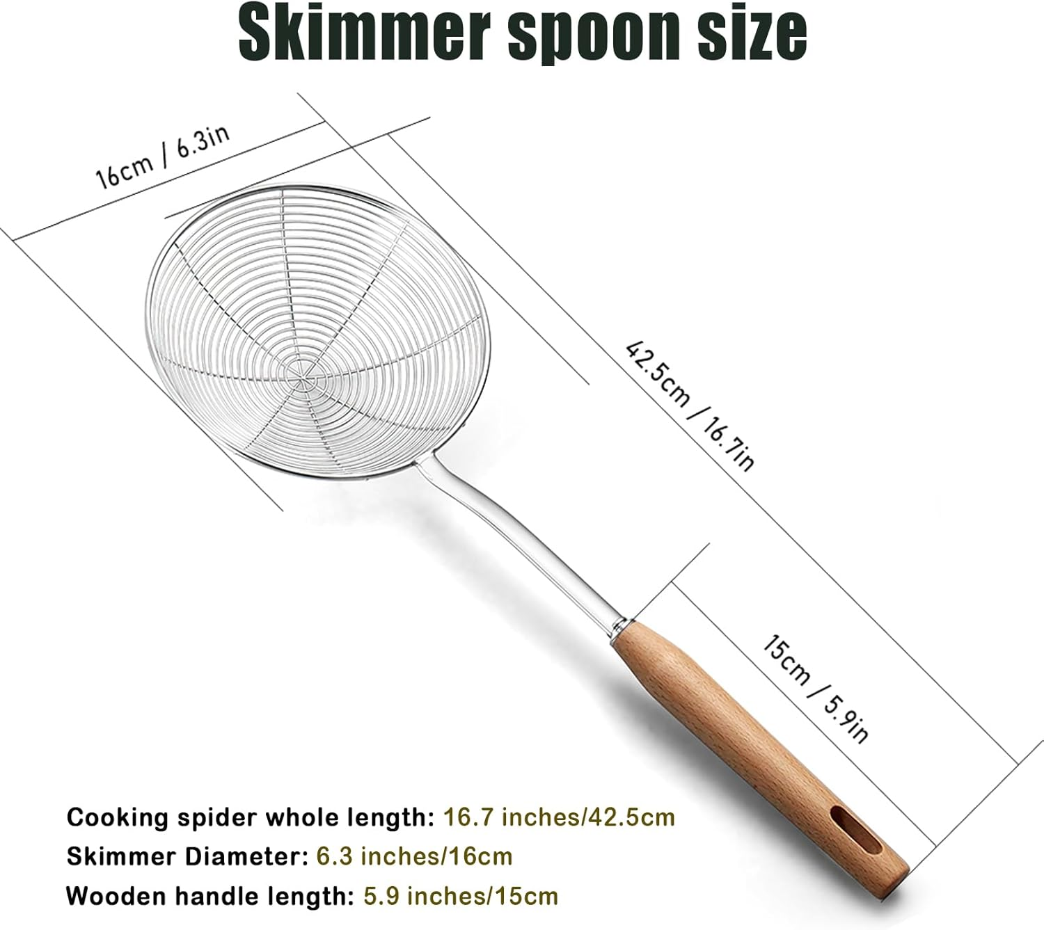 Spider Strainer, Skimmer Spoons, 6.3 Inch Spider Strainer Skimmer Ladle for Cooking and Frying, Cooking Utensils Frying Spoon with Wooden Handle, Wire Slotted Spoon for Kitchen image number 5