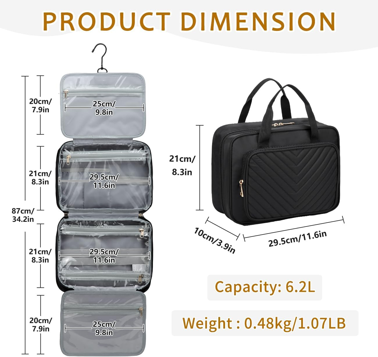 Toiletry Bag for Women Mens, Kasqo Water Resistant Large Hanging Travel Toiletry Bag Portable Shaving Makeup Cosmetic Organizer with Luggage Sleeve for Daily Gym Business Trip, Black image number 3