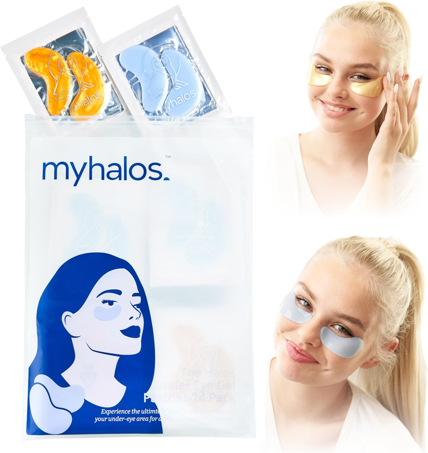 Myhalos under Eye Patches & Cooling Eye Mask Set - 24 Eye Masks for Puffy Eyes - Eye Bags Remover Kit- 24K Gold Eye Mask & Blue under Eye Gel Patches - Trending Eye Patches Skincare Routine