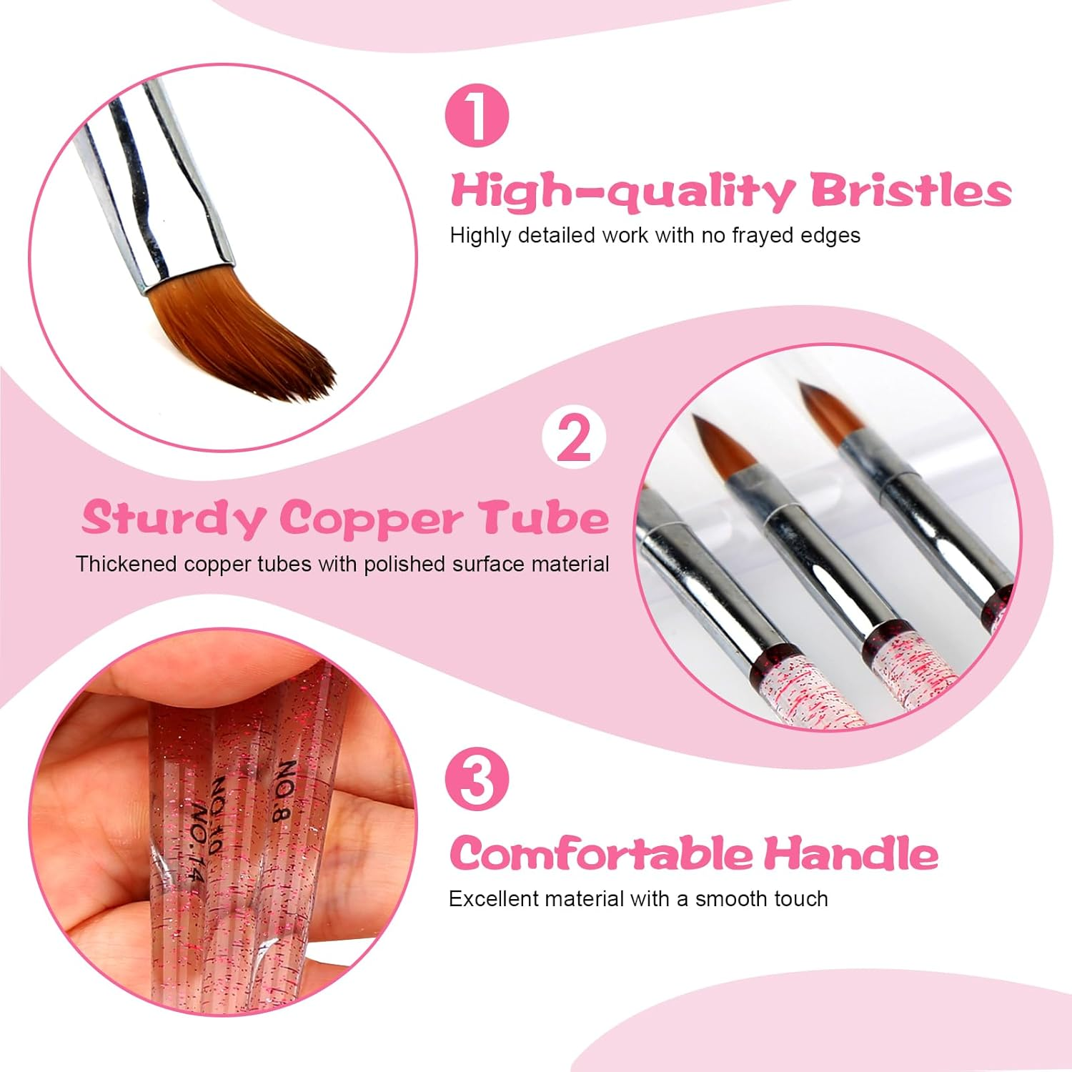 Acrylic Nail Brush Set (3 Pcs, Sizes 8/10/14), Professional Nail Brushes for Application Acrylic Powder Nail Art Extension and 3D Nails Carving for DIY Home Salon Nail Art Manicure Tool image number 6