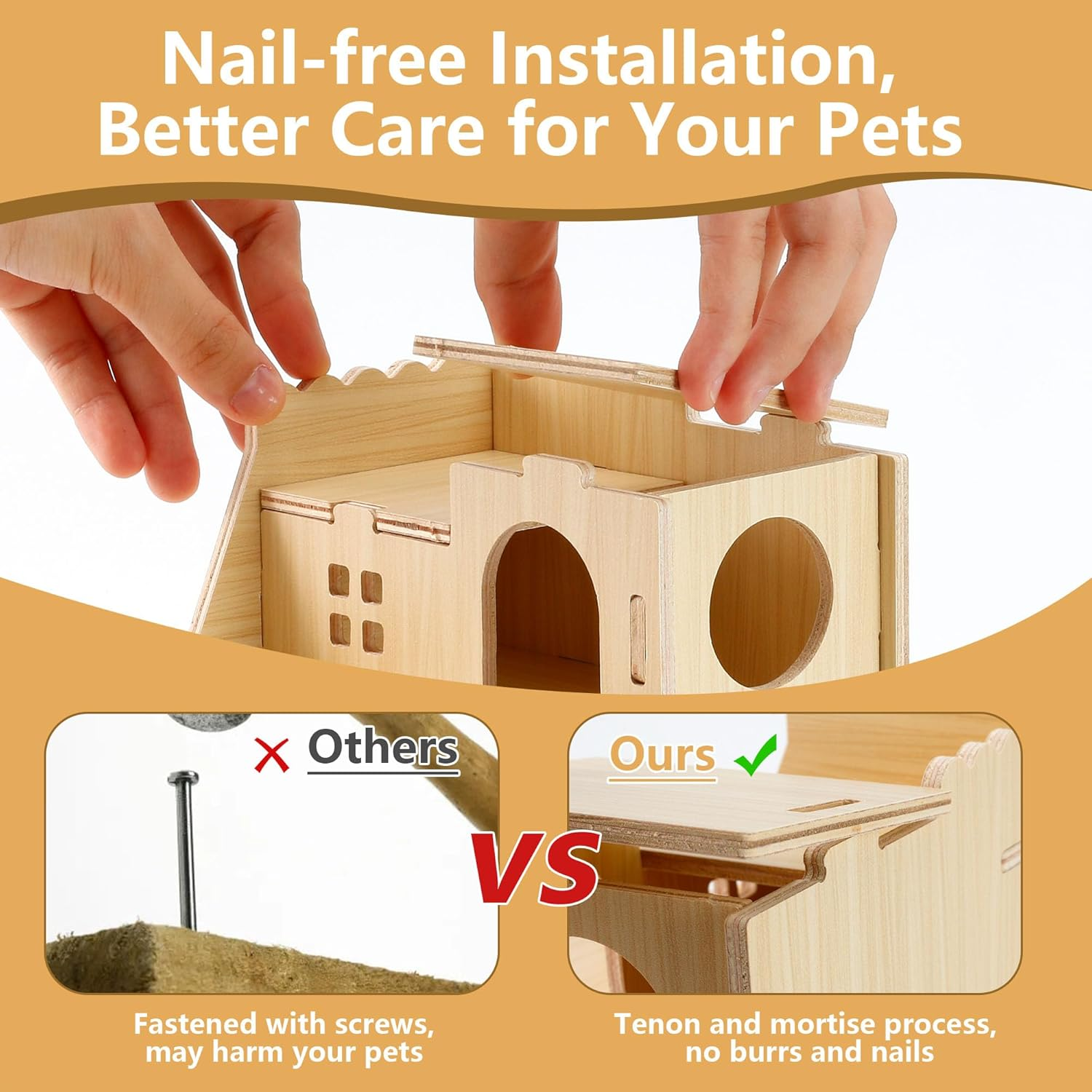 Wooden Hamster Hideout Cage Accessories, Guinea Pig House and Seesaw, Double-Decker Hide Hut with Slide, YITOBA Hamster Chew Toys for Pet Rats, Hamster Platform for Dwarf Gerbils (Two-Story) image number 4