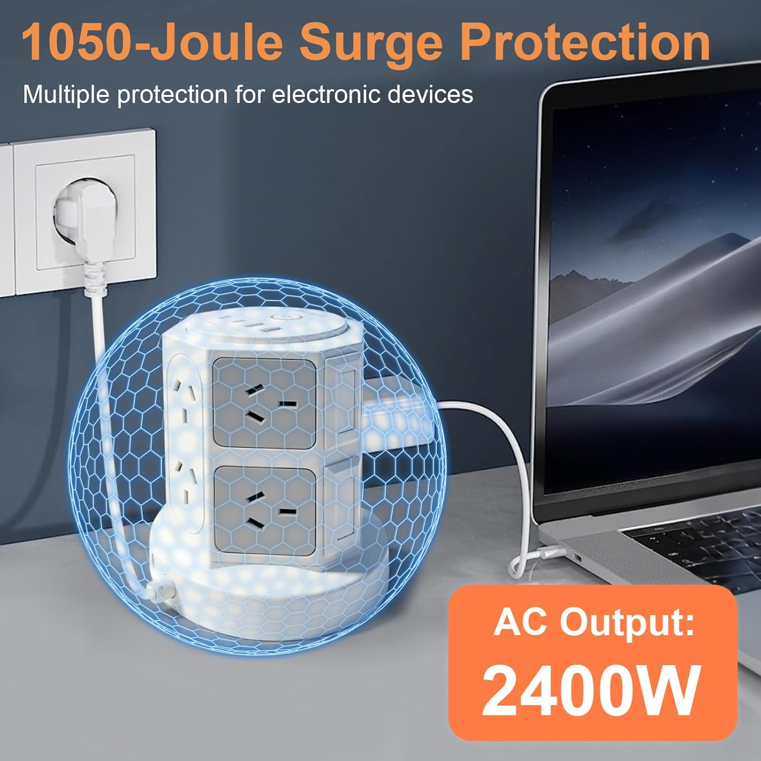 Inkplug Power Board Surge Protected with 12 Widely Outlets, Powerboard with 2 USB C & 2 USB A, 1050J Surge Protector, 2 M Extension Cord, Power Board Tower for Home, Office, School, image number 5