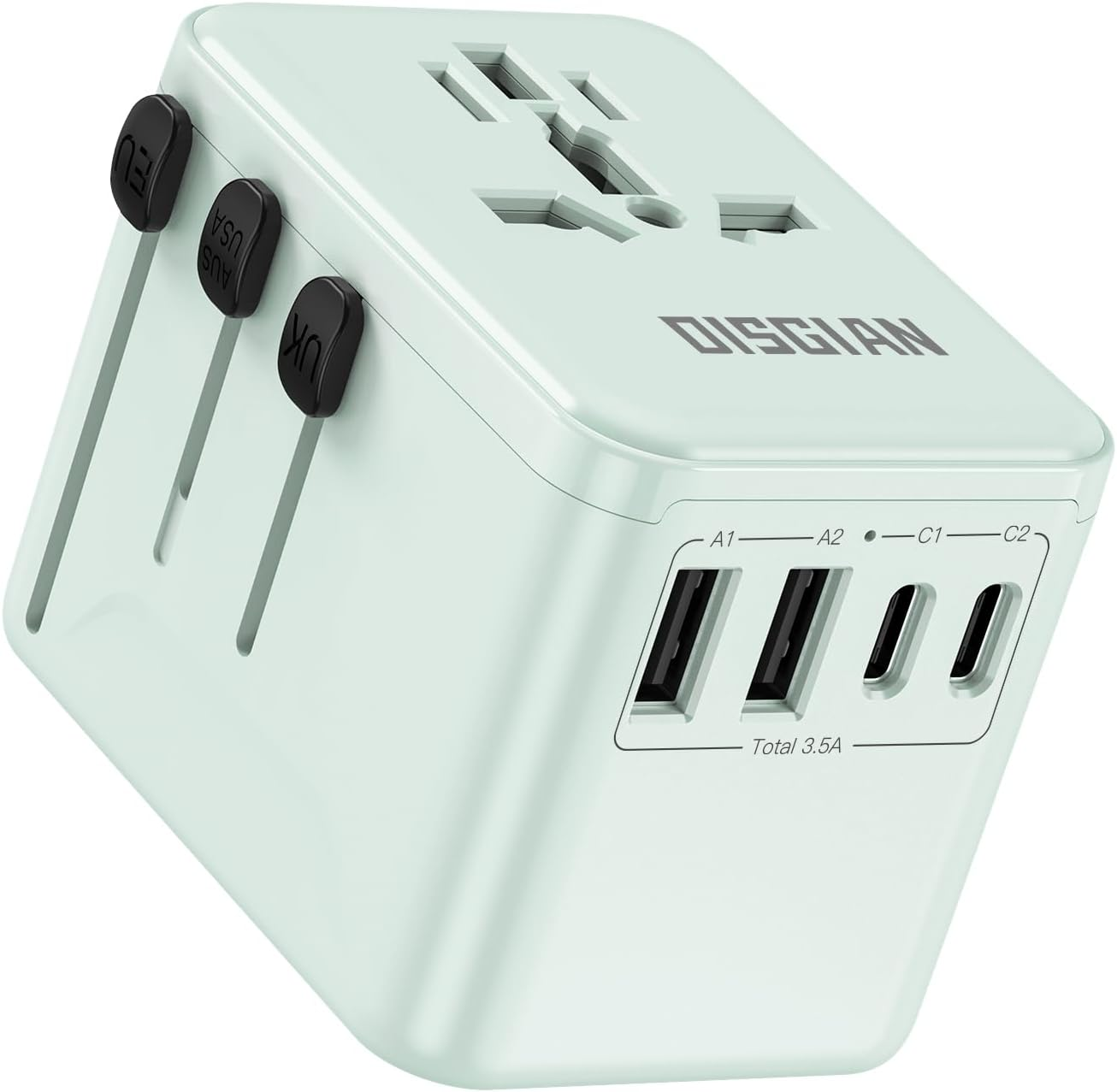 DISGIAN Travel Adapter,Universal Power Adaptor with Super Fast Charger 2 Port Type-C and 2 USB-A for Phone,Laptop,Tablet,Worldwide Travel Plug for Type A/C/G/I USA, Japan, UK, EU (White)