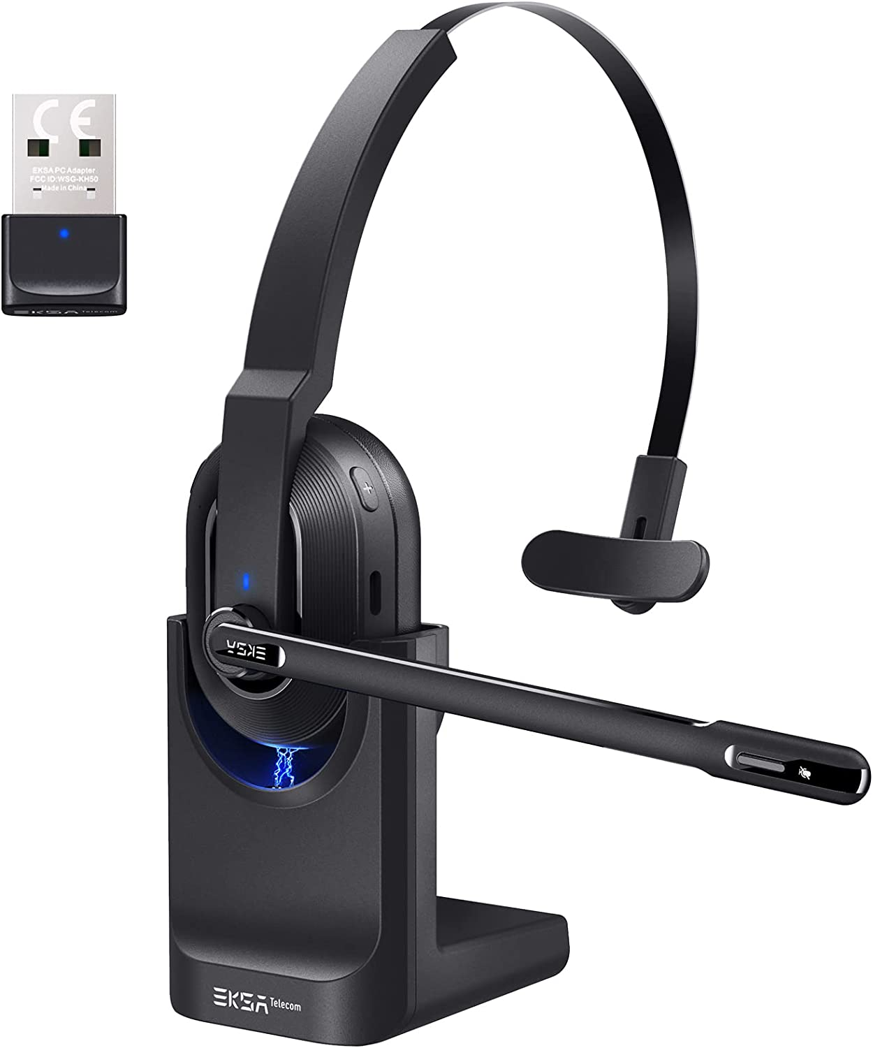 EKSA Bluetooth Headset, Wireless Headsets with Ai-Powered Environmental Noise Cancelling Microphone, Fast Charging Base, 45Hrs Bluetooth Headphones with Mute & USB Dongle for Pc/Trucker/Work/Phone