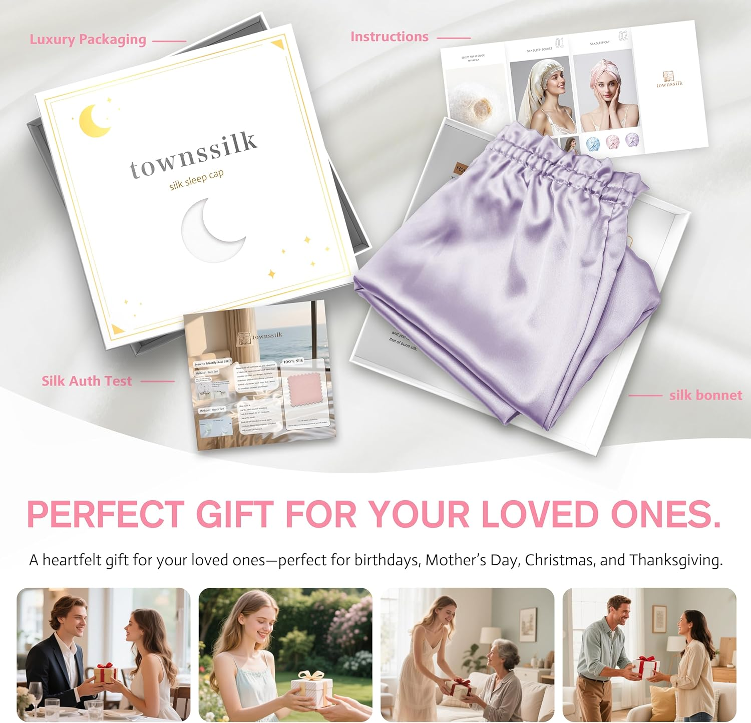 Townssilk Silk Bonnet for Sleeping, 100% 22 Momme Mulberry Silk for Women, Luxurious, Breathable, Fits Secure Overnight & Pressure Free, Ideal for Long & Curly Hair - Lavender 58 Cm