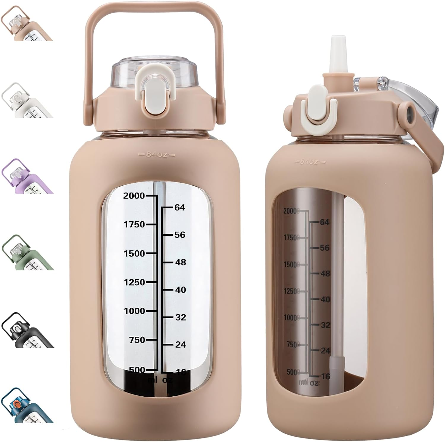 Kytffu 64Oz Glass Water Bottles with Straw, Half Gallon Motivational Glass Bottle with Silicone Sleeve and Time Marker, 2L Leakproof Large Glass Water Jug for Gym Home Office,Blue - 84 Ounces, Amber