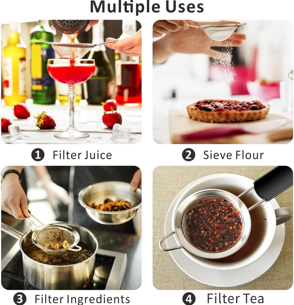 Idopick Fine Mesh Strainers Set of 3,Stainless Steel Strainers Wire Sieve Sifter with Insulated Handle Strainers for Kitchen Gadgets Tools Baking Tools Colander, Food Preparation, Flour Sifter, Rice image number 2