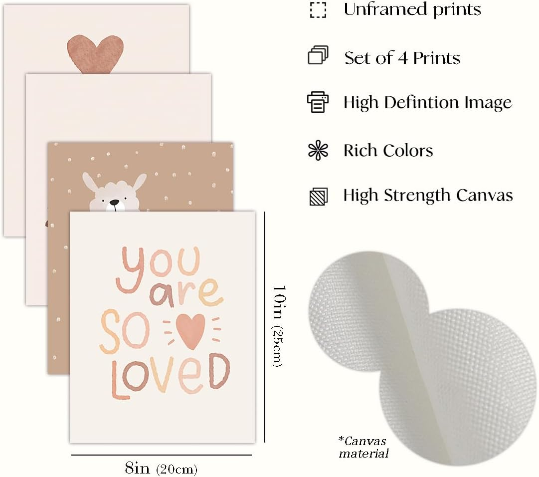 Canssape Set of 4 Boho Rainbow Nursery Girls Room Wall Decor | 8"X10" You Are so Loved Toddler Girl Room Decor | Kids Rainbow Wall Decor for Girls Bedroom Heart Wall Art Prints (Unframed)(Love) image number 4