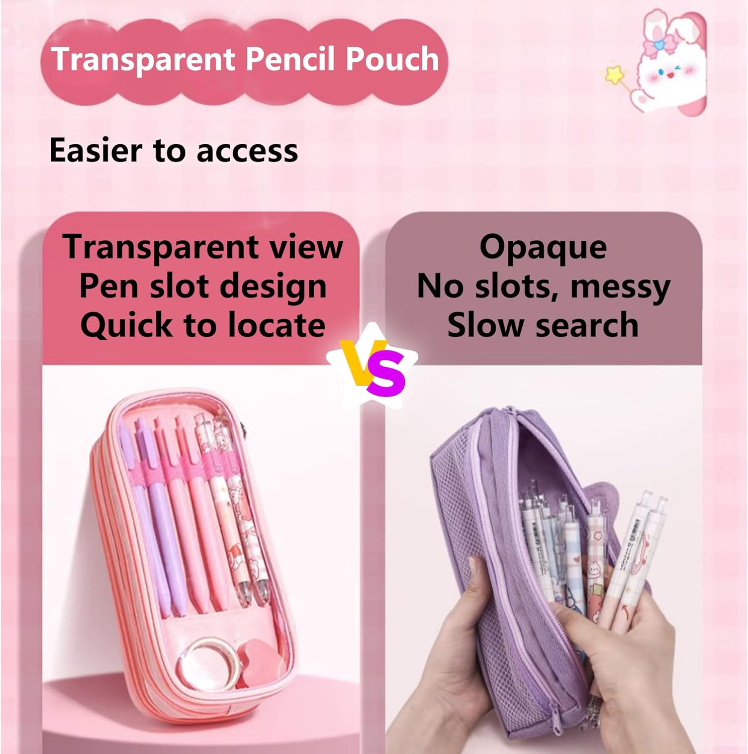 UINSUE Cute Pen Case Adorable Bunny Transparent 3-Layer Large Capacity Pencil Case Gadget Organizer with Lovely Stickers (Pink) - Purple image number 6