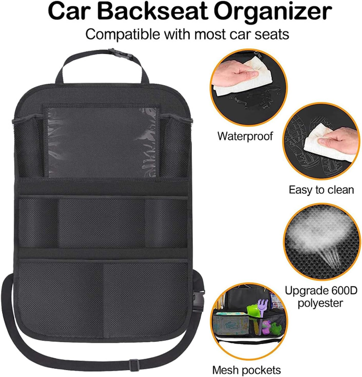 Backseat Car Organizer, Kick Mats Back Seat Protector with Touch Screen Tablet Holder, Kids Durable Waterproof Oxford Fabric, 9 Storage Pockets for Snacks Toys,Car Accessories (1Pack-Black) image number 4