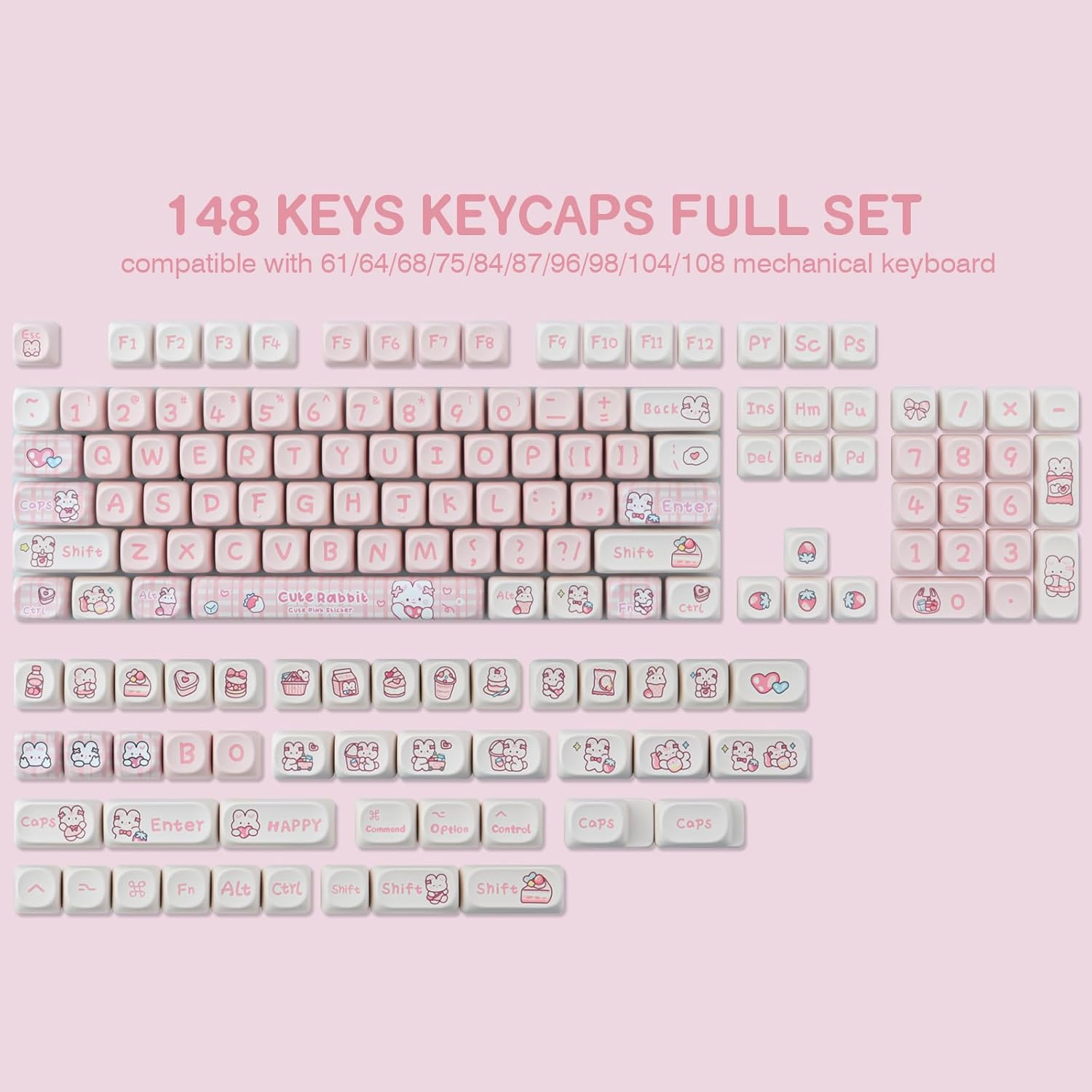 TYRIXKI PBT 148 Keys Cute Keycaps Dye-Sublimation Bunny Keycaps Set MOA Profile for Cherry Gateron MX Keys Mechanical Keyboards
