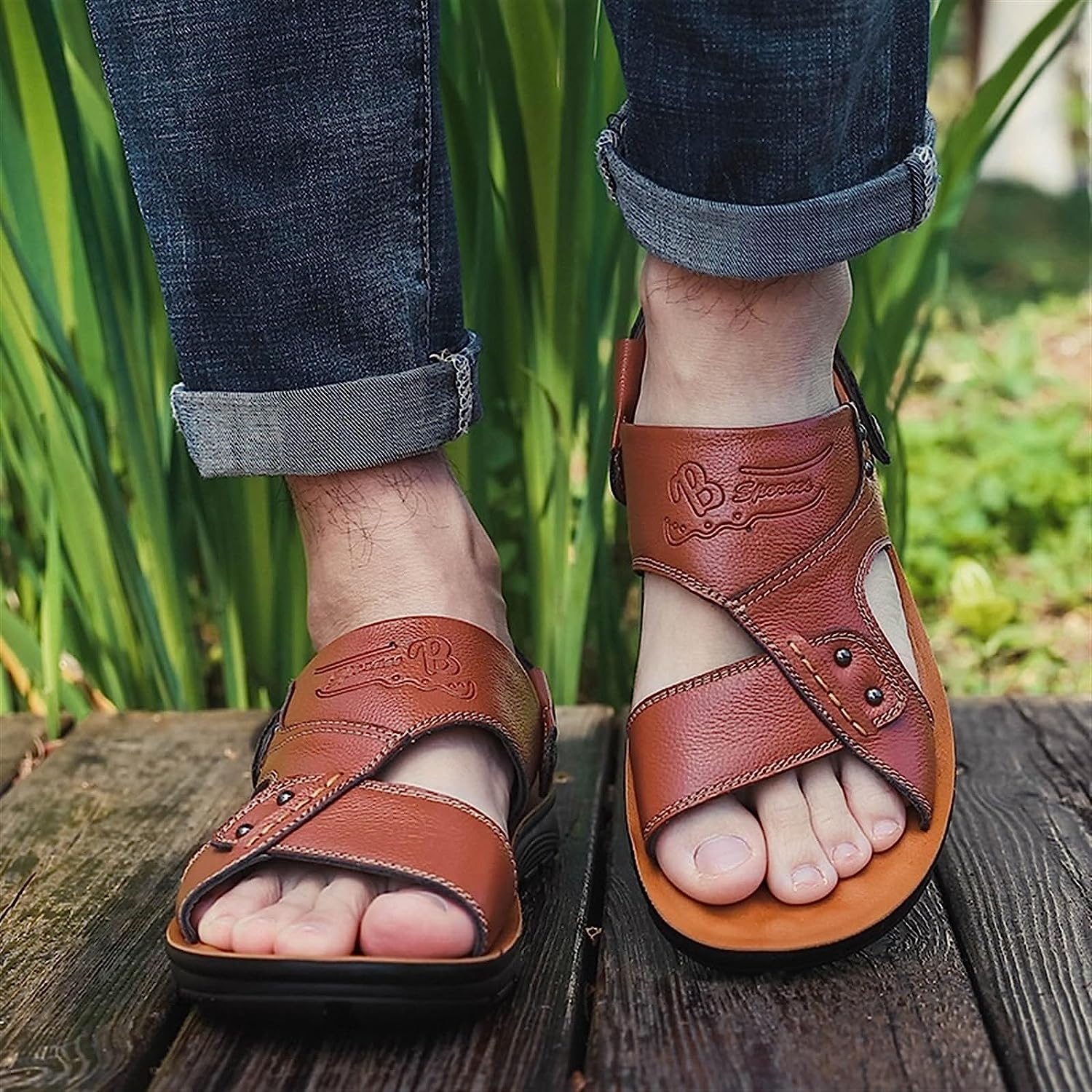 Men Leather Summer Sandals Casual Beach Shoes Leather Sandals Man Slippers Non-Slip Arch Support Adjustable (Color : Black, Size : 8) image number 4