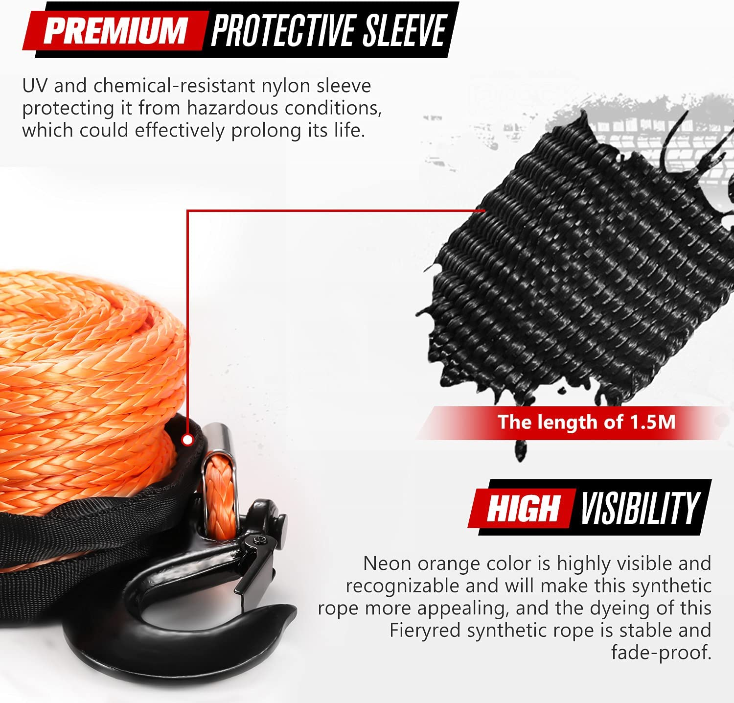 Fieryred Synthetic Winch Rope 30M, 23,809LBS/10,800KG Load Capacity, Winch Line Cable 10MM Diameter with Steel Hook UV Resistant Nylon Protect Sleeve for ATV UTV SUV (Orange) - Orange image number 6