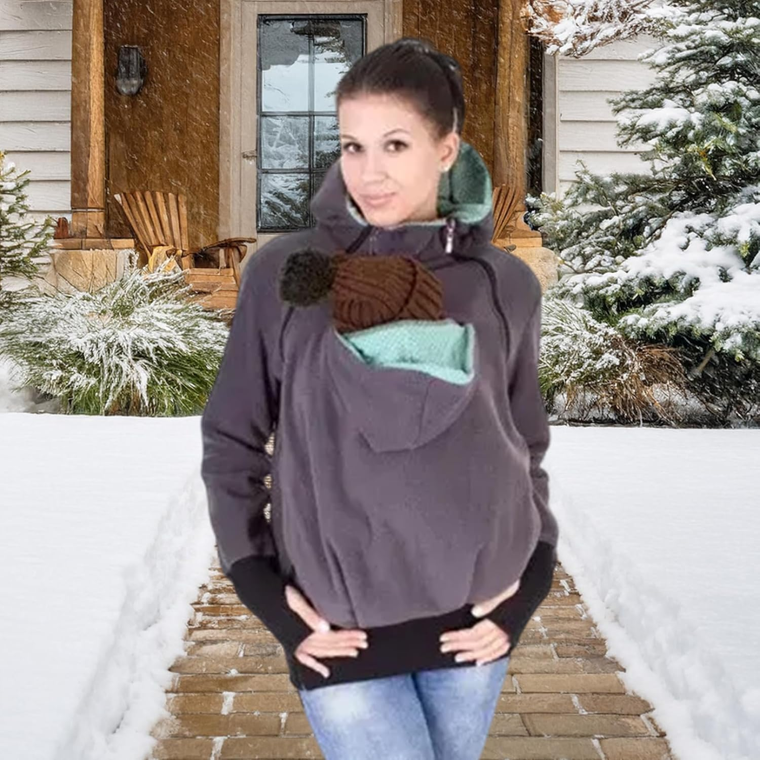 Maternity Hoodie 3-In-1 Removable Kangaroo Pouch Hoodie Winter Soft Warm Baby Wearing Jacket Multifunction Cozy Maternity Jacket for Mom and Baby Light Purple image number 4