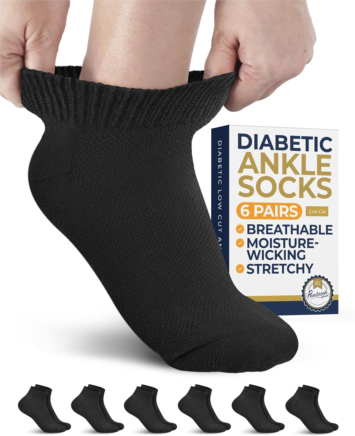 Pembrook Diabetic Ankle Socks - 6 Pairs Low Cut Seamless Diabetic Socks Women & Men, Blue, Ankle Length, Small/Medium-Large/X-Large, 6 Count