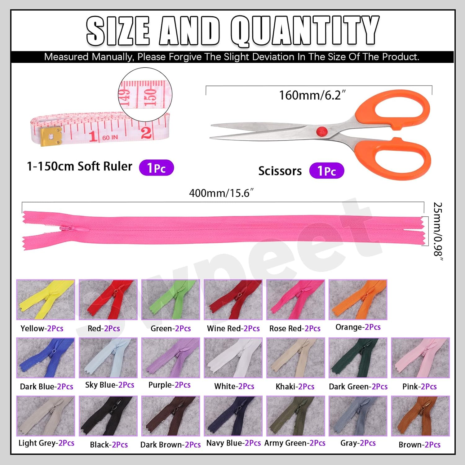 Swpeet 42Pcs 20 Mixed Color 16" Nylon Invisible Zippers with Measuring Tape and Scissors Assortment Kit, Hidden Zipper Multicolor Nylon Invisible Sewing Zipper for Tailor Garment Sewing Craft image number 6