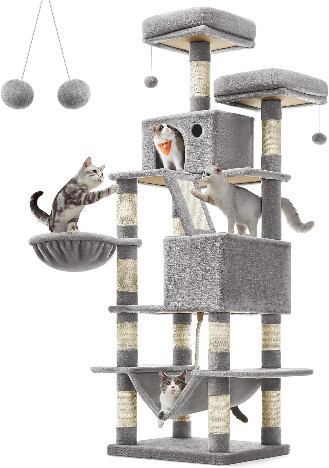 FEANDREA Cat Tree, 168 Cm Large Cat Tower with 13 Scratching Posts, 1 Scratching Ramp, 2 Perches, 2 Caves, Basket, Hammock, Pompoms, Multi-Level Plush Cat Condo for Indoor Cats, Light Grey image number 2