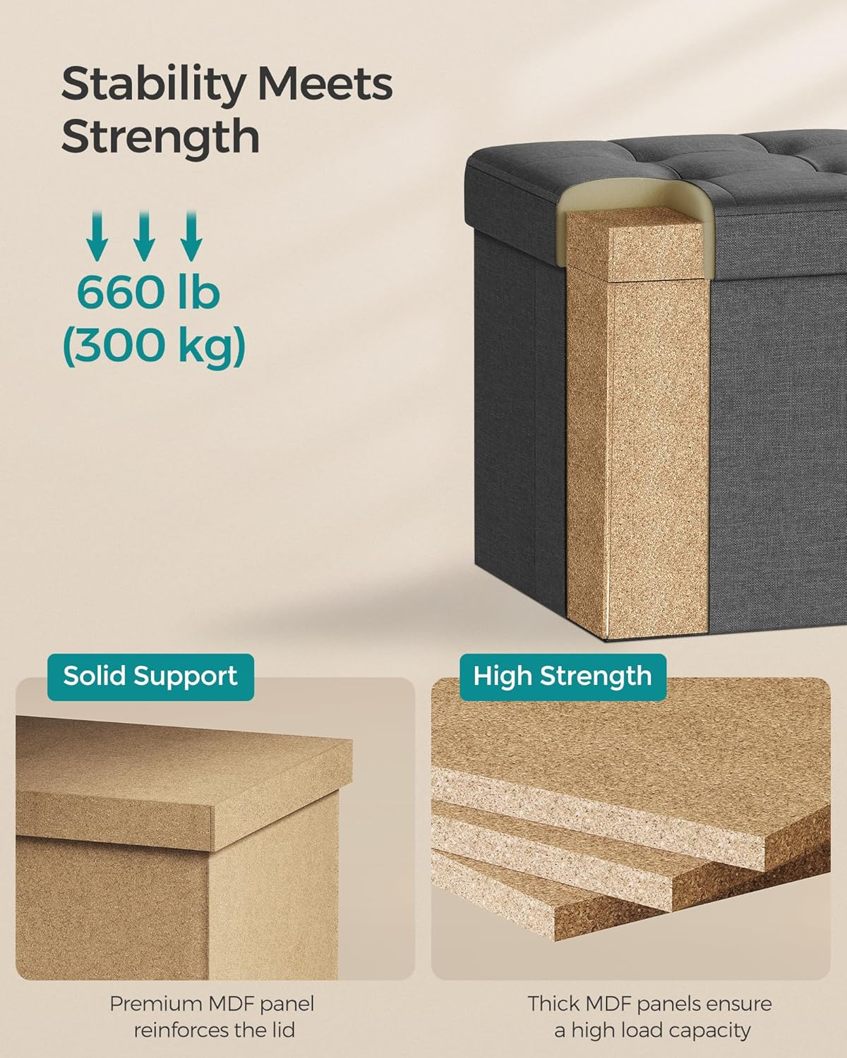 Songmics Folding Storage Ottoman Bench Foot Rest Stool, 38 Cm Size, Dark Gray image number 2