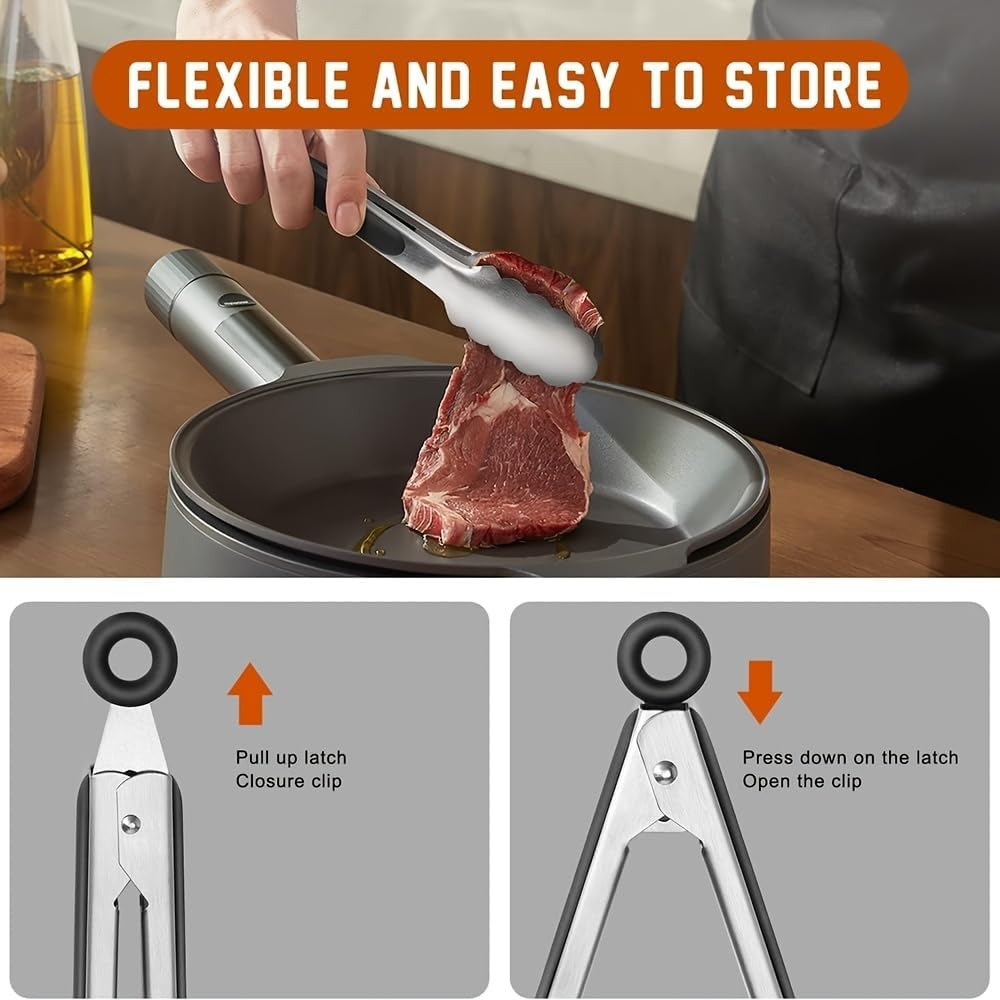 2 PCS Kitchen Tongs Stainless Steel 12'' & 9'' Easy-Brush Lockable Heat Resistant Non-Bpa Silicone Grips for Grill Camping Cooking by ZOLOTI image number 3