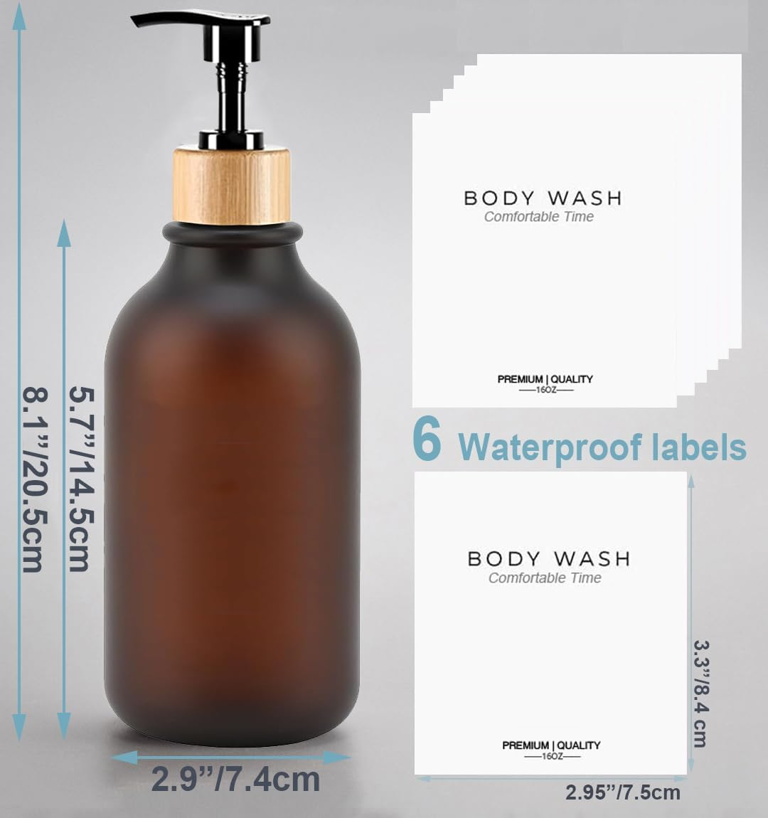 Frosted Heavy Duty Shampoo and Conditioner Bottles, Apothecary Dispenser Bamboo Pump, Refillable Shampoo Bottles for Shampoo Lotion Oil Shower Soap Hand Soap and Dish Soap (Matte Amber) image number 2