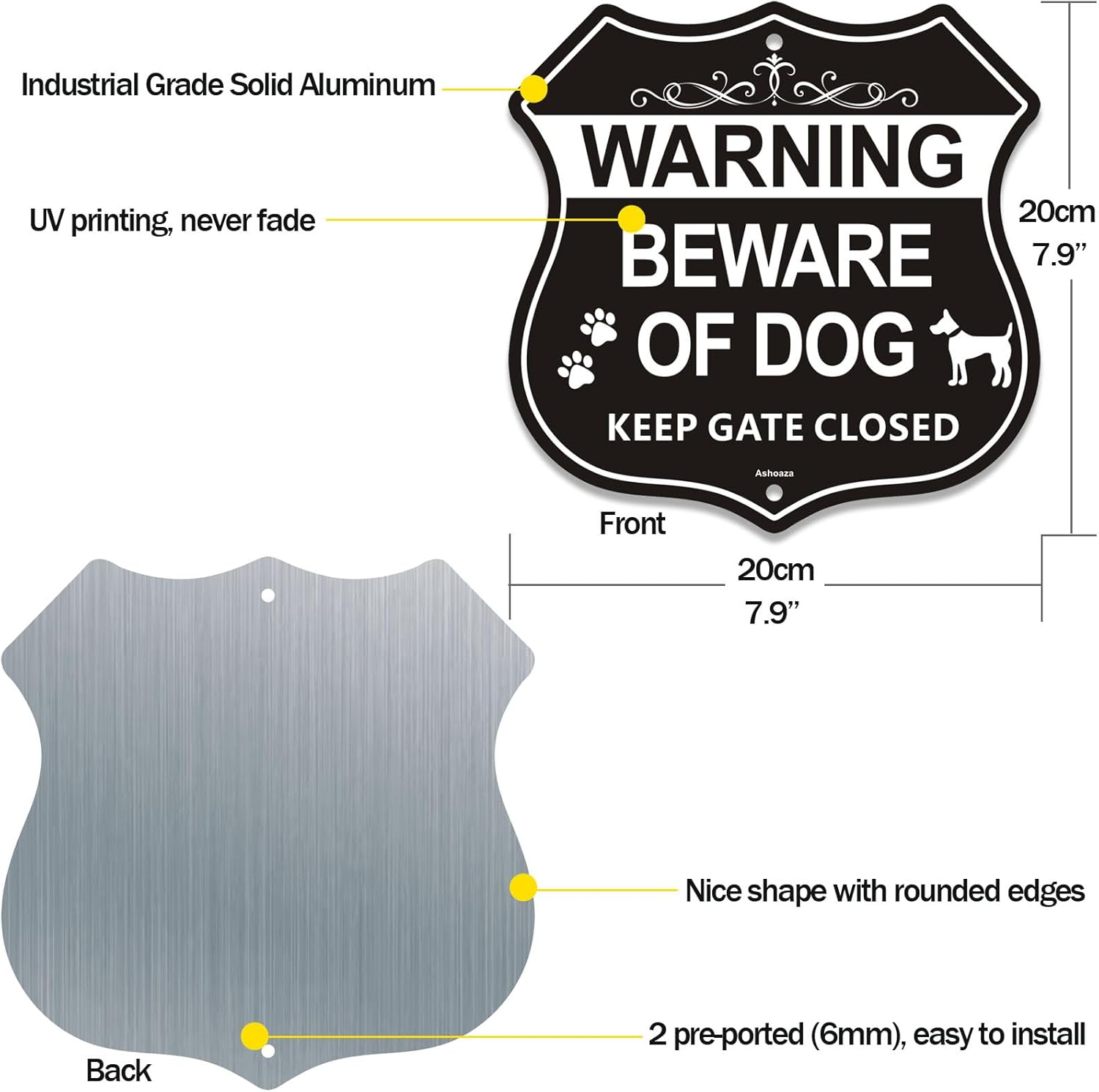 Ashoaza Beware of Dog Signs for Fence, Warning Aluminum Sign Beware of Dog, Keep Gate Closed, Pre-Drilled Holes for Easy Mounting for Door or Gate 20X20 CM (2 Pack) image number 3
