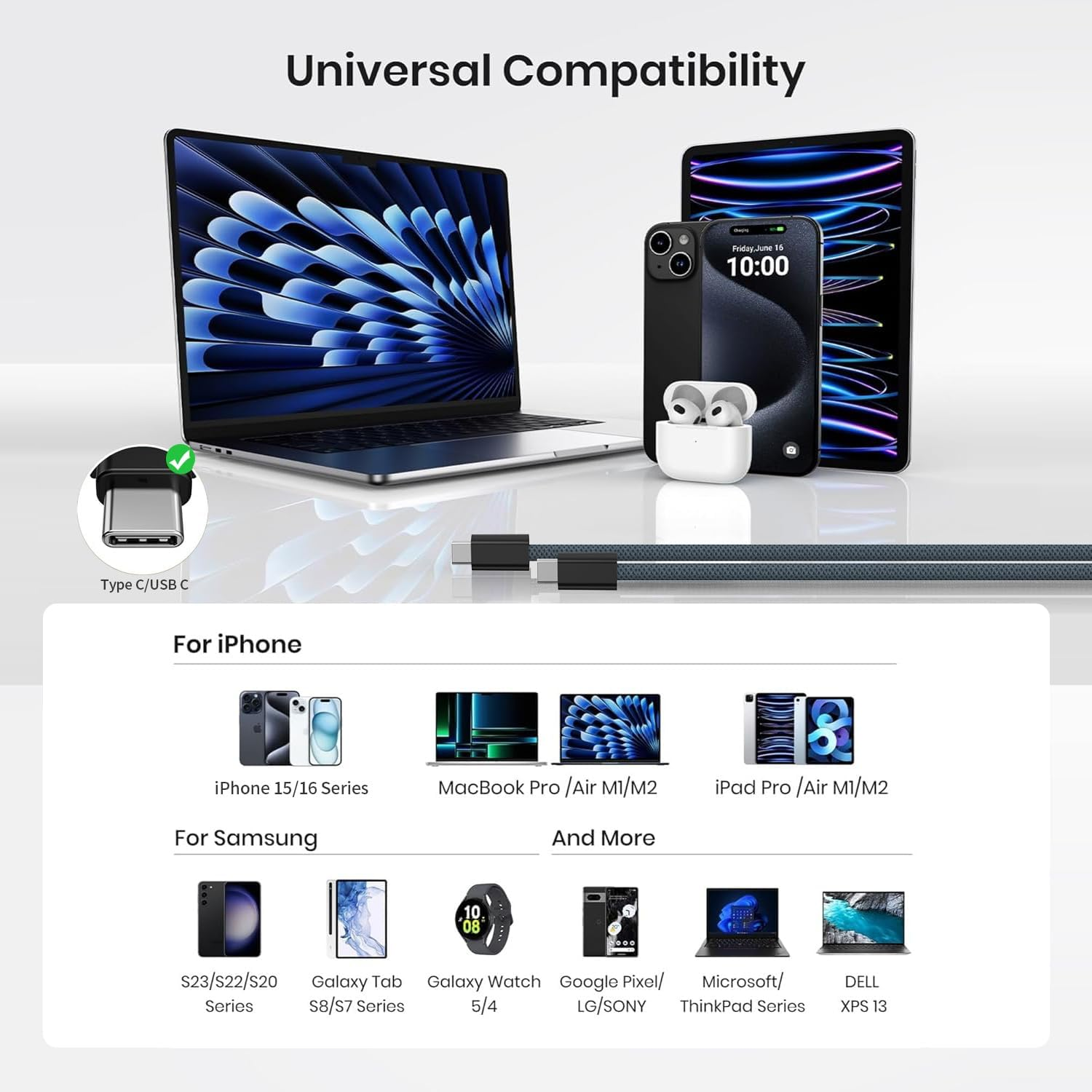 Boreguse USB C Cable 1M,100W USB C Cable Fast Charging Nylon Braid for Iphone 16/15 Pro Max, Macbook Pro,Ipad Pro,Dell, Matebook,Chromebook,Pixel,Galaxy S25 S24,Switch image number 3