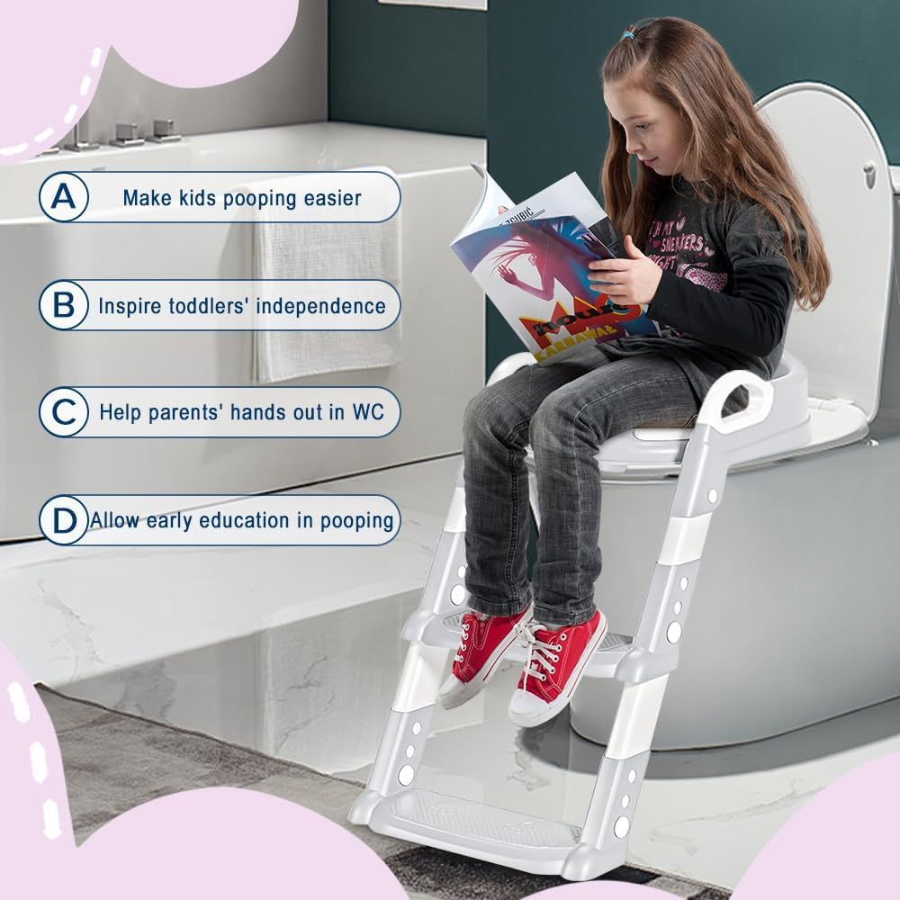 Yakiter Potty Training Seats, Kids Toilet Training Seat with Step Stool, Adjustable Height Ladder Guard Handle Soft Cushion White, Step Stool 2 in 1 Foldable Chair for Baby Toddler Boys Girls (Grey) image number 4