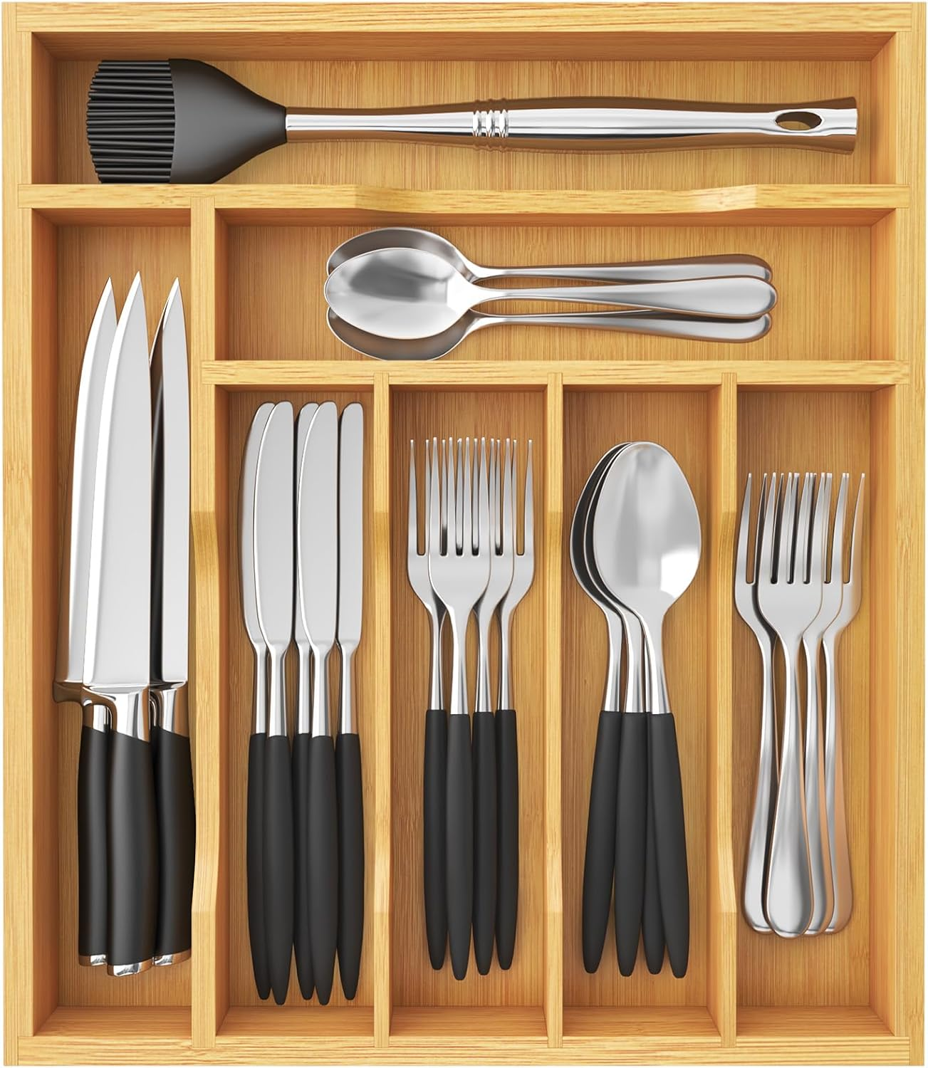 Lifewit Silverware Drawer Organizer Tray, Bamboo Cutlery Storage for Kitchen Drawer, 5 Compartment Flatware and Utensil Holder Divider for Spoons Forks Knives Tableware, Natural