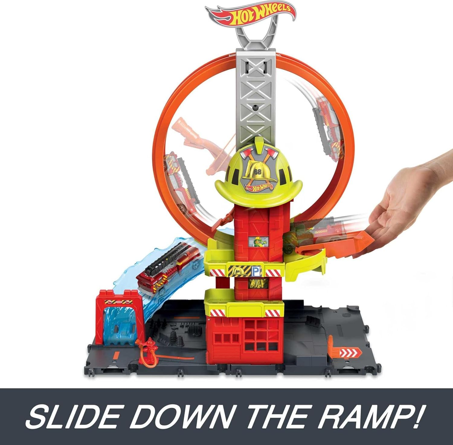 Hot Wheels City with 1 Toy Car, Kid-Powered Elevator, Water-Like Ramp, Track-Play Features, Connects to Other Sets, Fire Station with Super Loop (Amazon Exclusive) image number 6