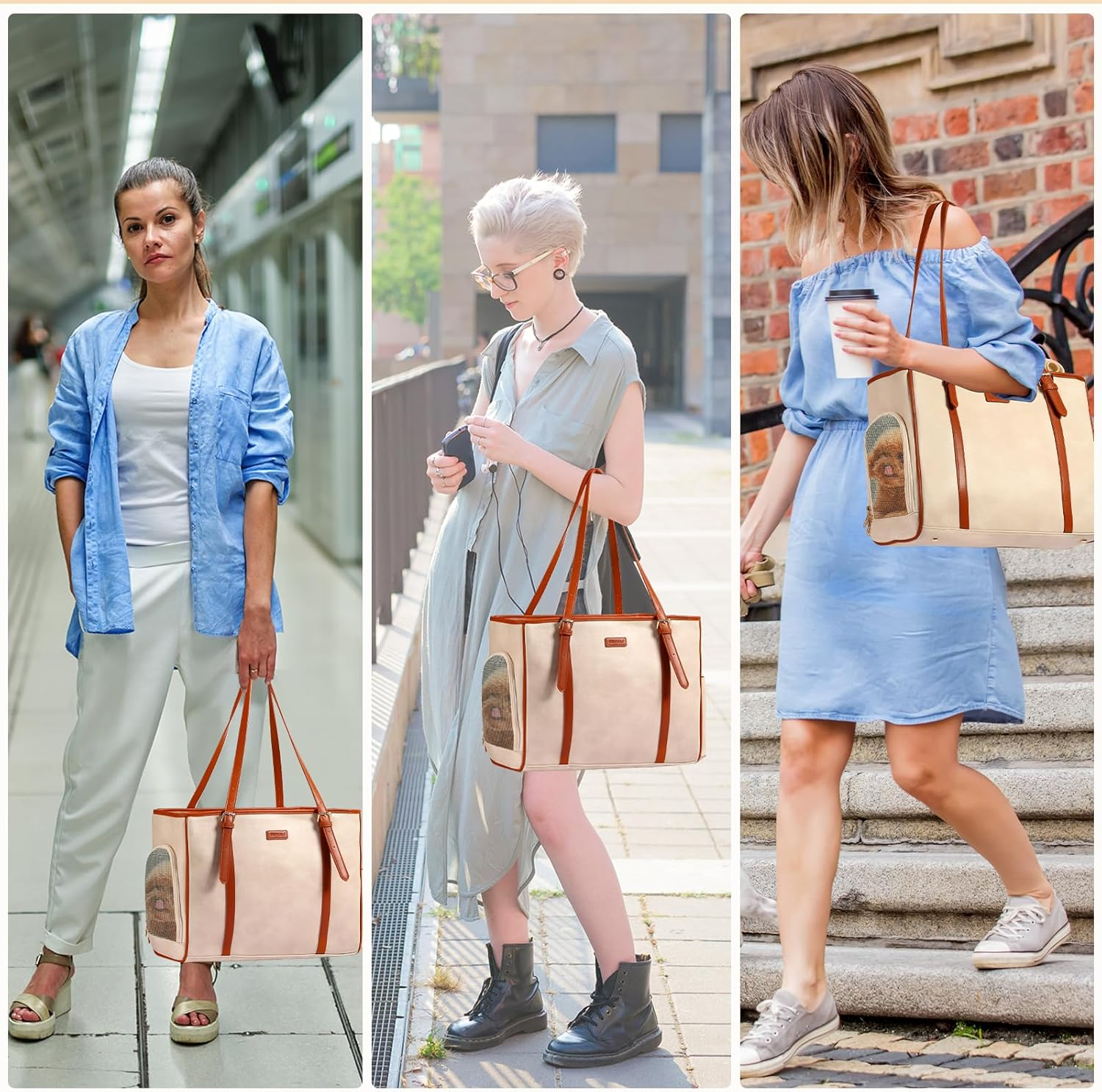 Lasaviin Fashion Dog Purse Pet Carrier Leather Bag for Small Dogs Cats Puppy, Portable Tote Bag Airline Approved Soft-Sided Carriers (Beign) image number 5