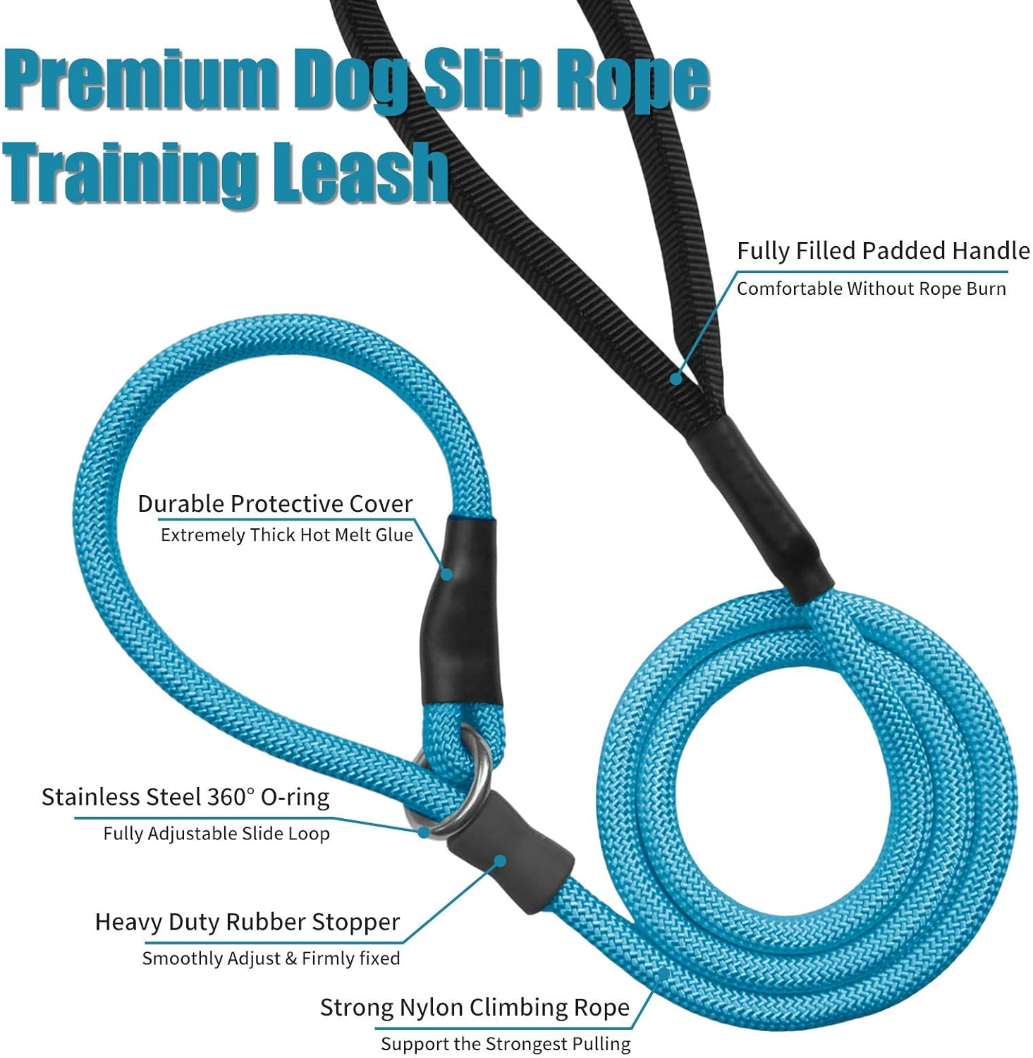 Strong Slip Rope Dog Training Leash (6Ft) - Heavy Duty Durable Braided Nylon Lead with Rubber Stopper & Padded Handle - No Pull Walking for Medium Large Dogs (Blue, 1/2" X 6Ft) image number 4