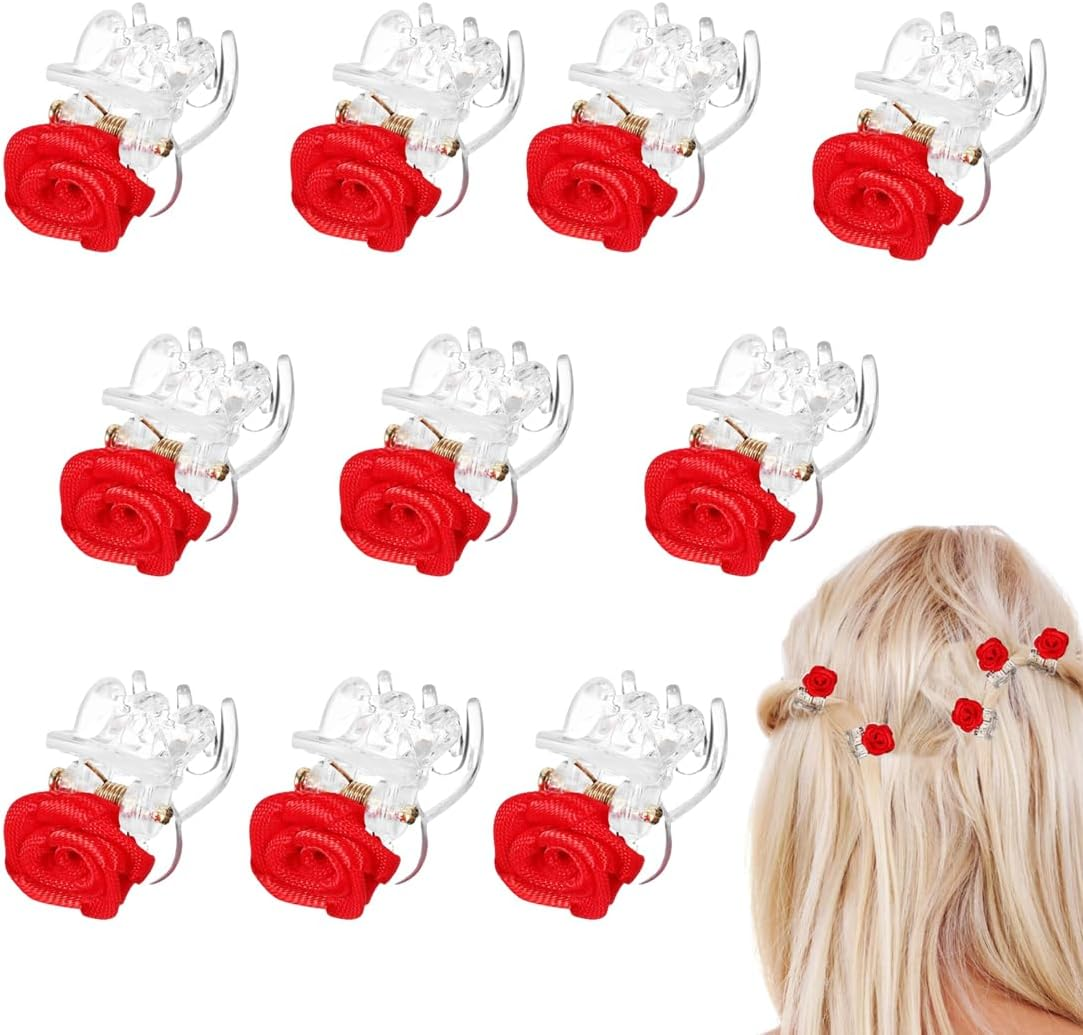 AOEVUIR Pack of 10 Hair Clips with Rose Petals, Elegant Small Flowers Hair Clips for Wedding, Hair Accessories for Women and Girls, Red