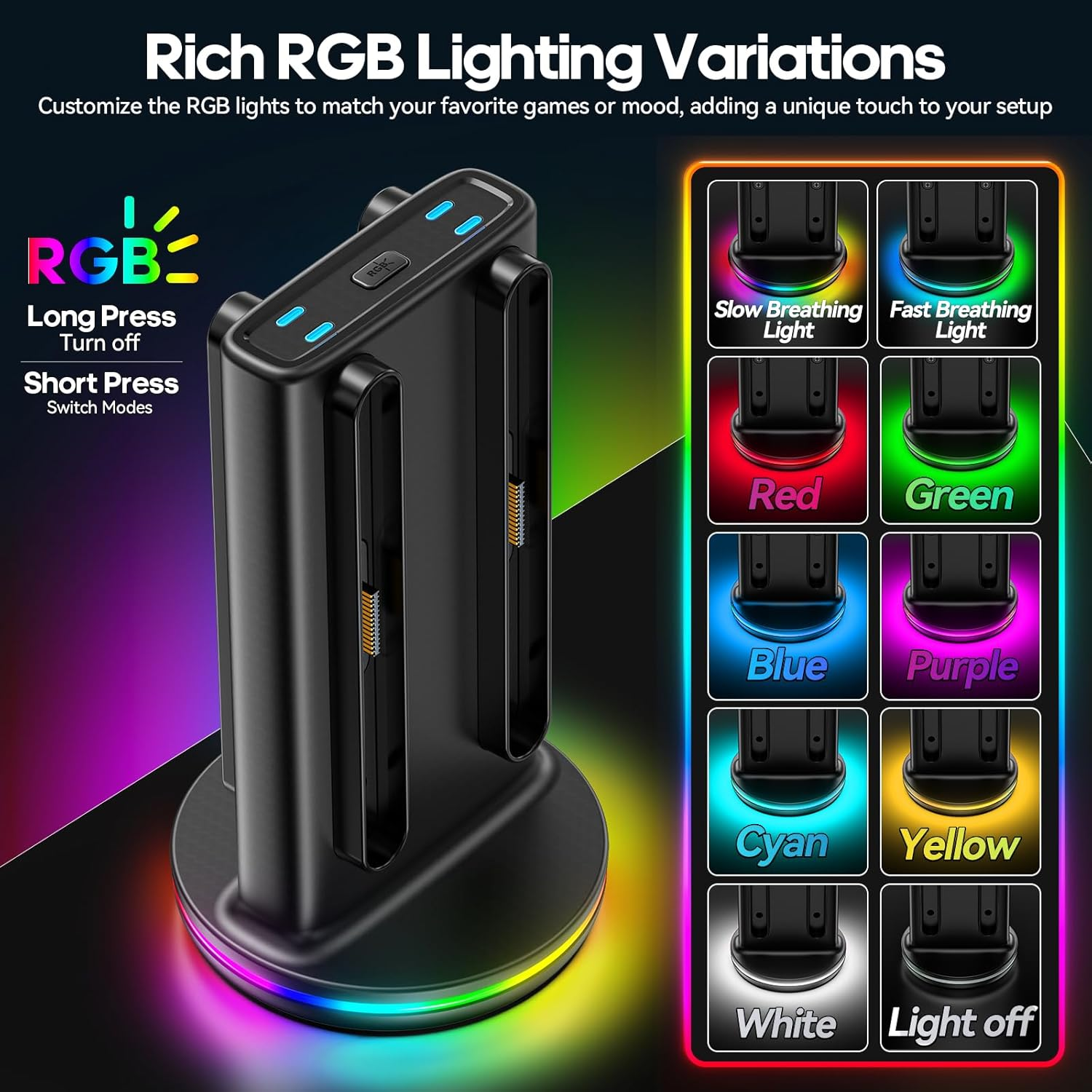 Rysker Switch 2 Controller Charger for Joy-Cons 2, Switch 2 Joycon Charger Dock for Any Direction Charging, Joycon 2 Charging Dock with 9 Light Modes for NS 2 image number 5