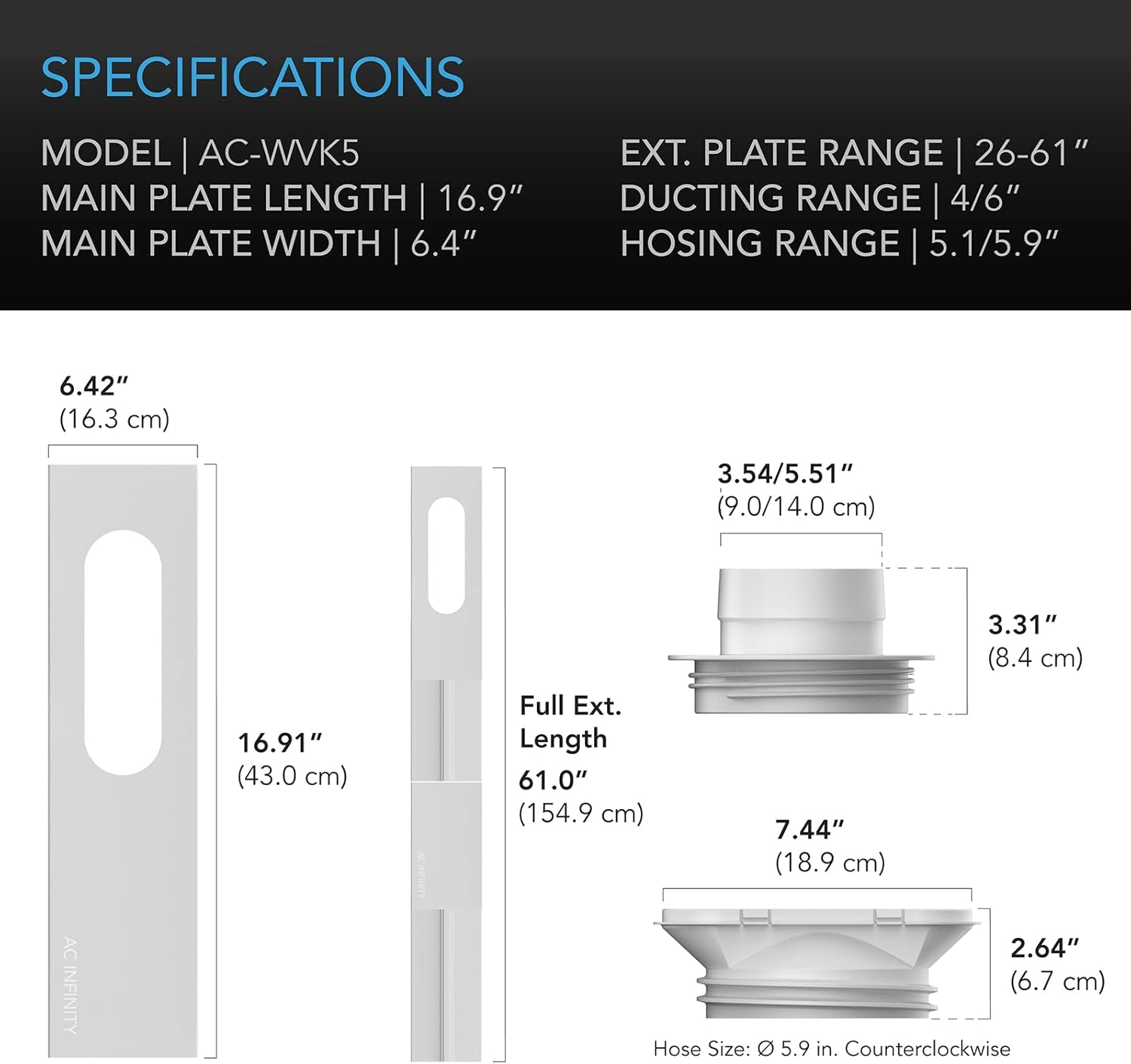 AC Infinity Window Duct Kit, Universal Vent Port for 4&rdquo; and 6&rdquo; Inline Fans, Window Vent Kit Fit with HVAC Ducting, Hoses, Duct Fans, Air Conditioner, and Dryer in Homes, Grow Tents, and Grow Rooms image number 2